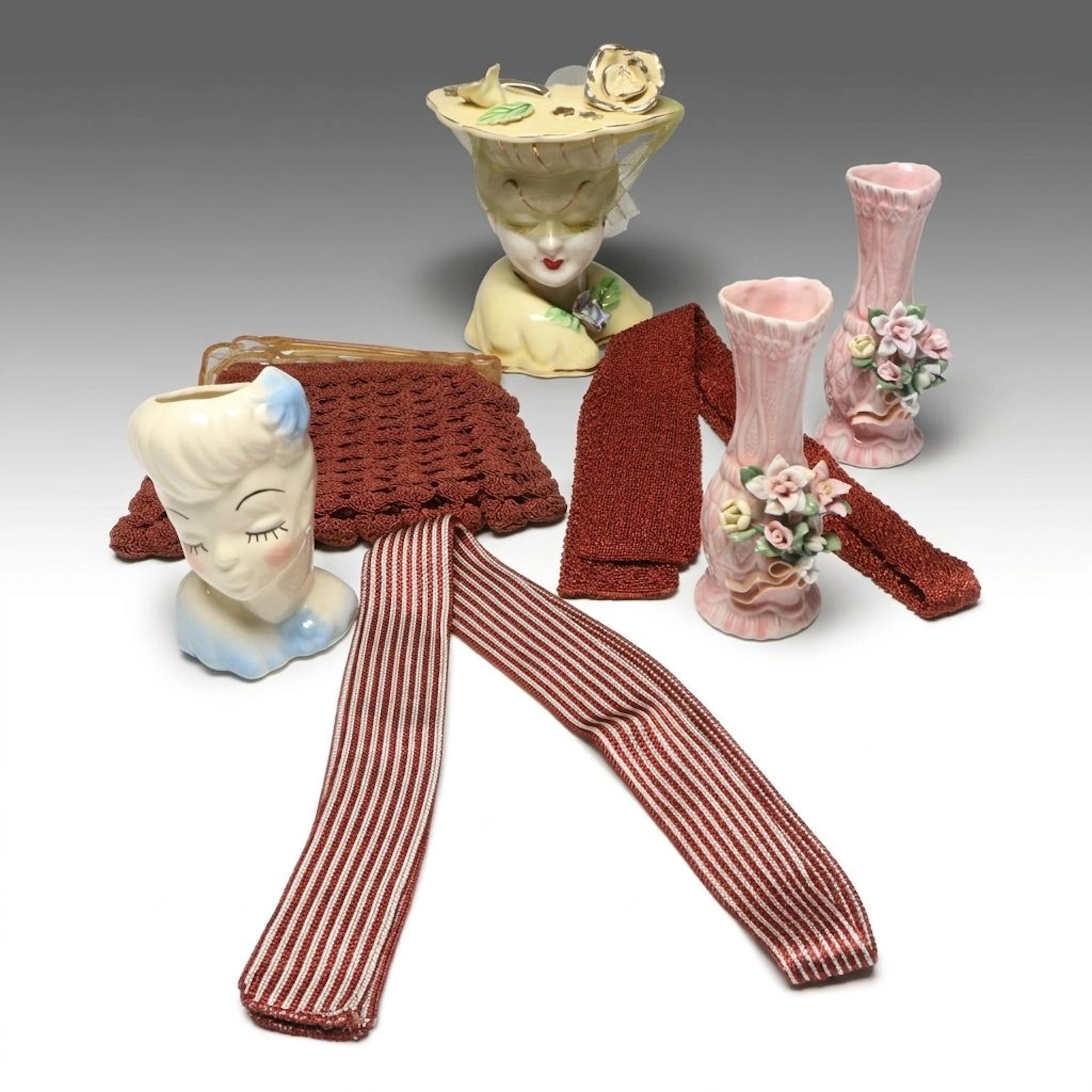 Figural Porcelain Planters with Crocheted Handbag and More, Early
