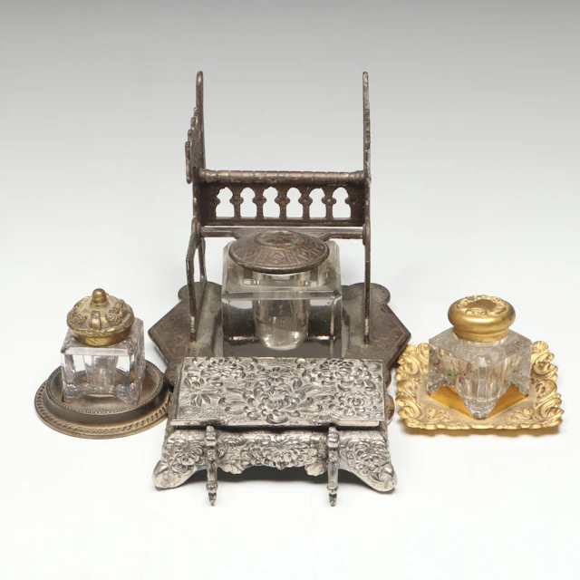 Ornate Repoussé Silver Finished and Other Inkwells and Pen Stands