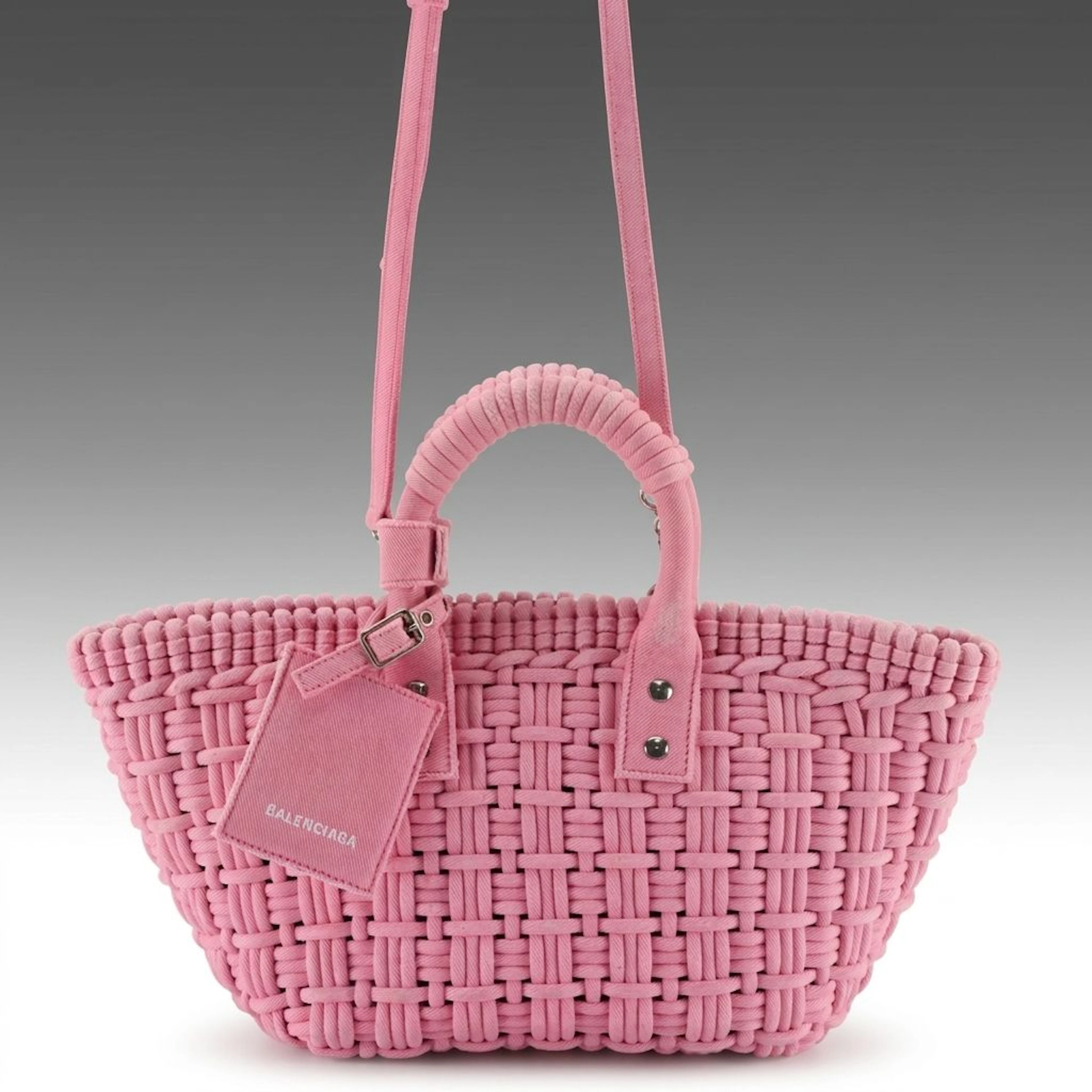 Balenciaga Pink Woven Canvas Bistro XS Basket Tote Bag