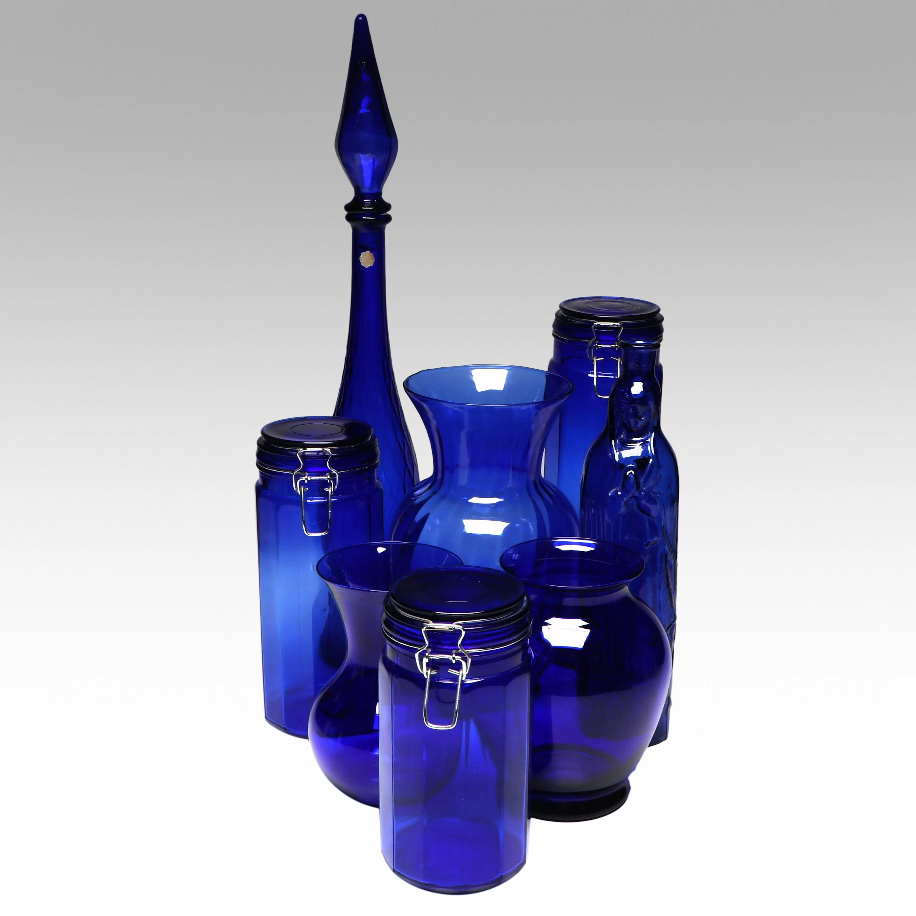 Madonna Form Bottle, Diamond Pattern Decanter and More Cobalt Glassware