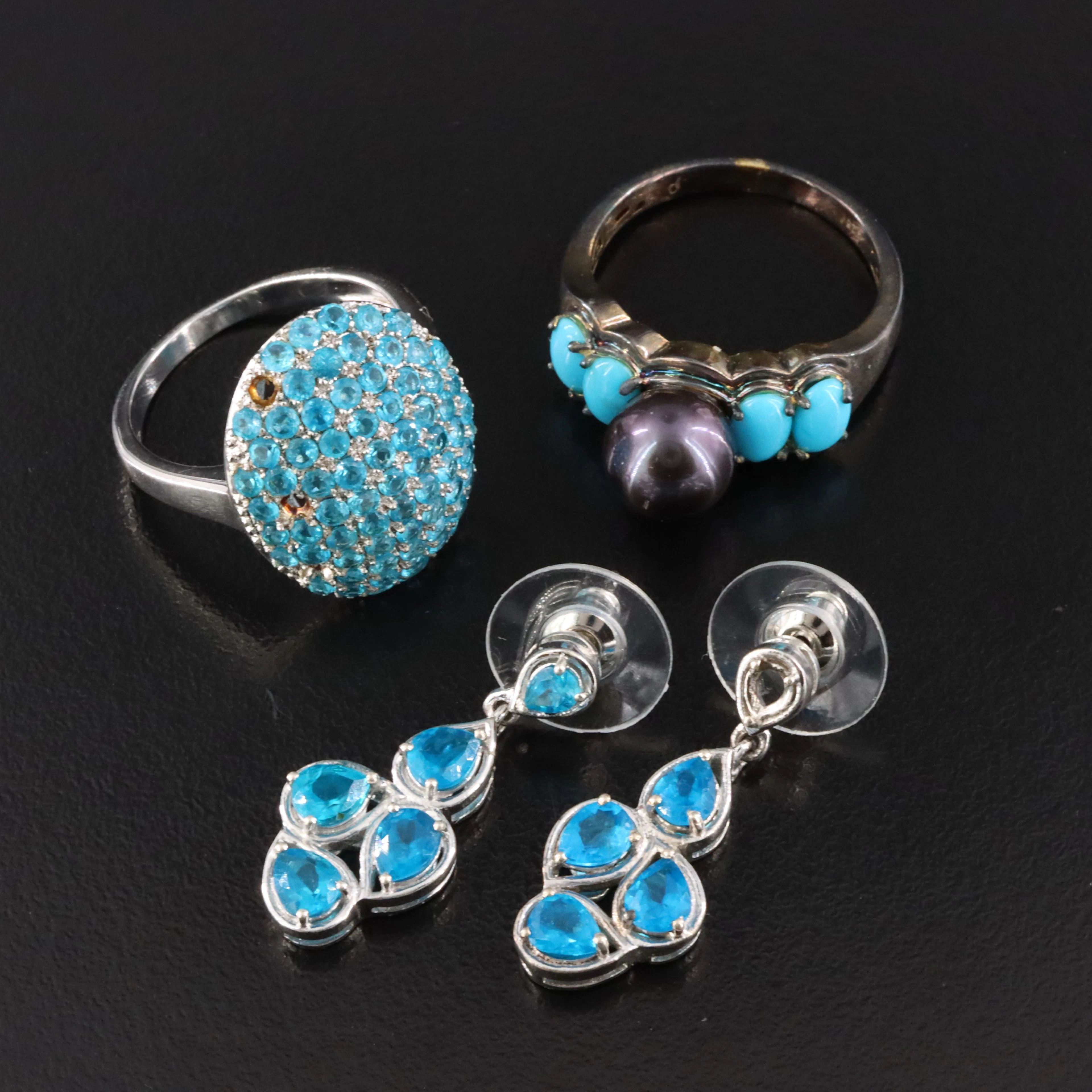 Sterling Rings and Earrings Featuring Apatite, Pearl and Turquoise