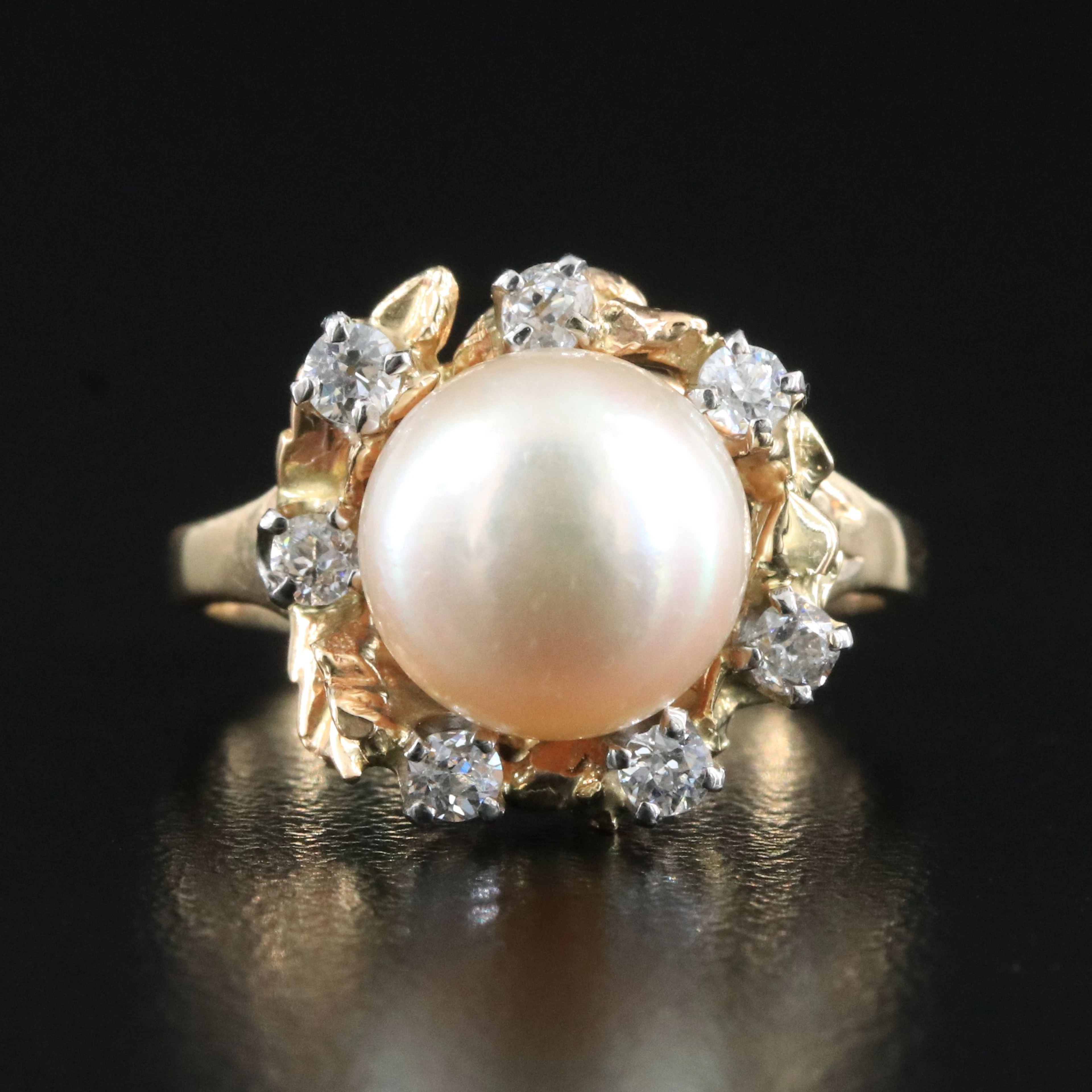 Vintage 14K Pearl and Diamond Ring with Palladium Settings