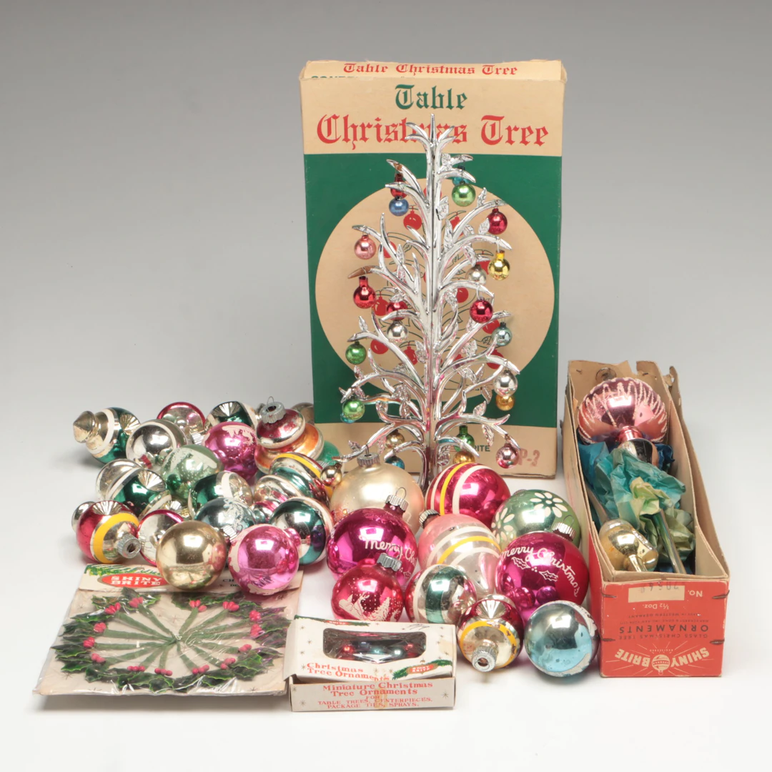 Shiny Brite Silvered Glass Christmas Ornaments with Table Tree and More Décor