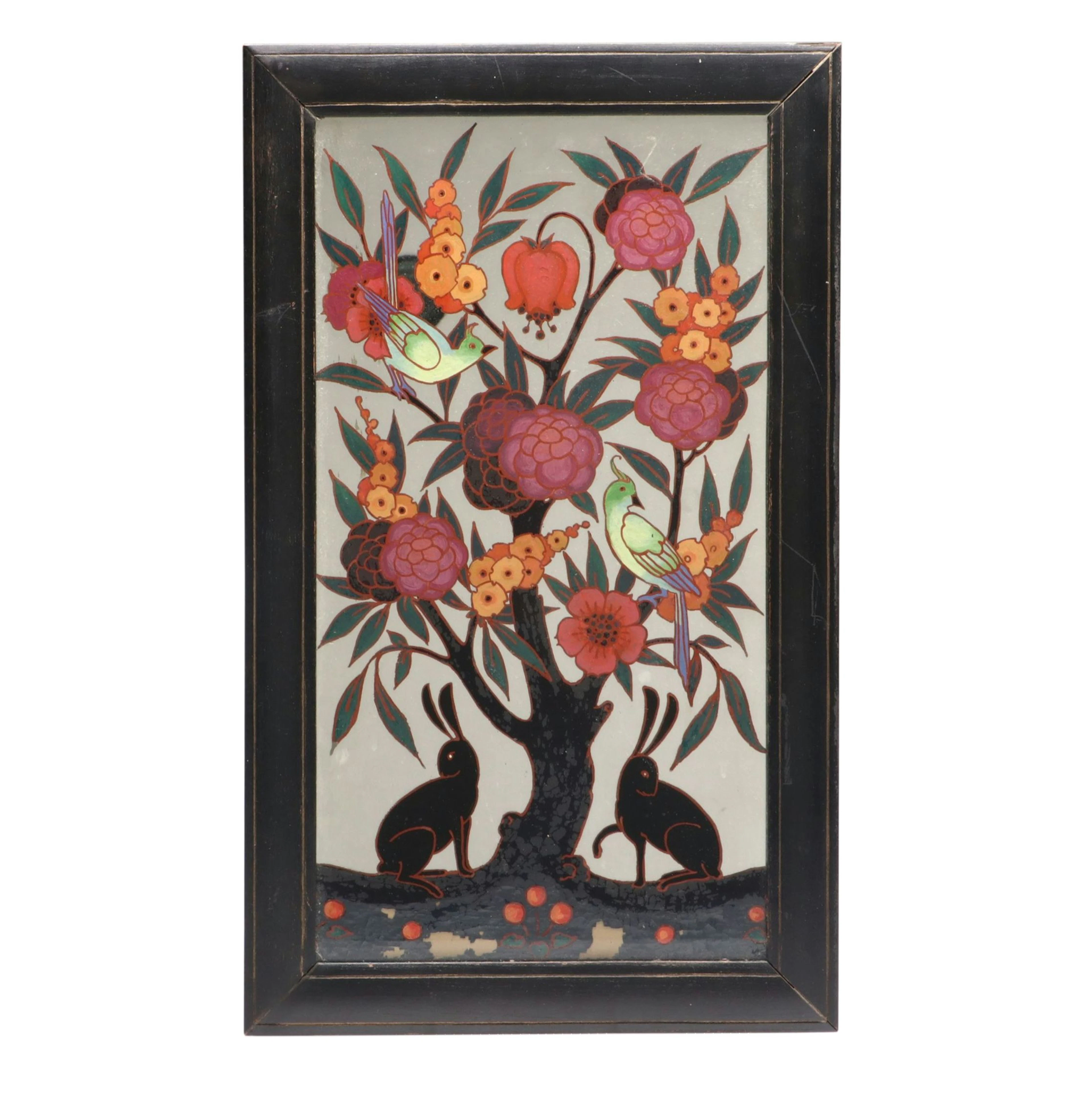 Folk Art Style Reverse Glass Painted Mirror with Tropical Flowers and Animals