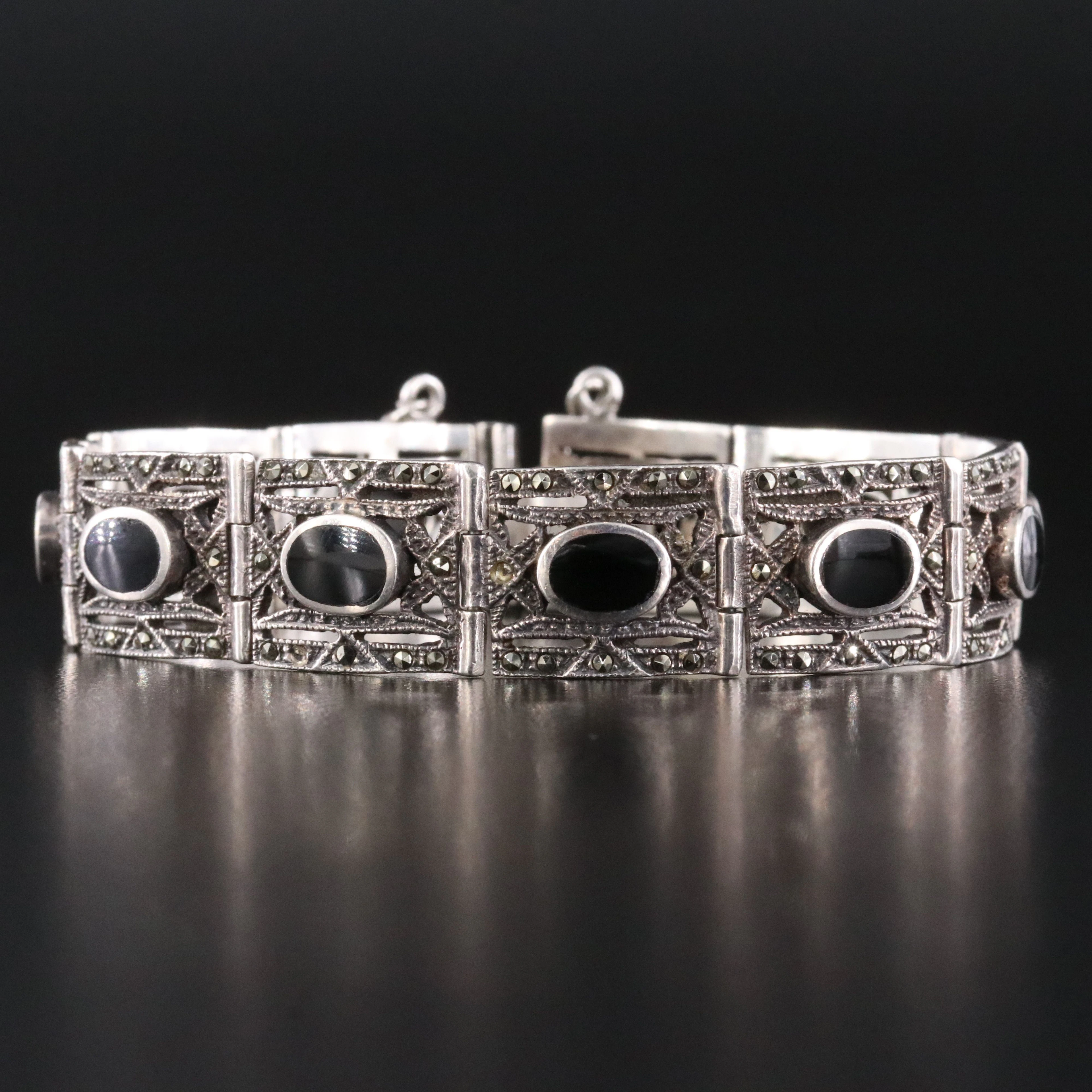 Sterling Black Onyx and Marcasite Panel Bracelet