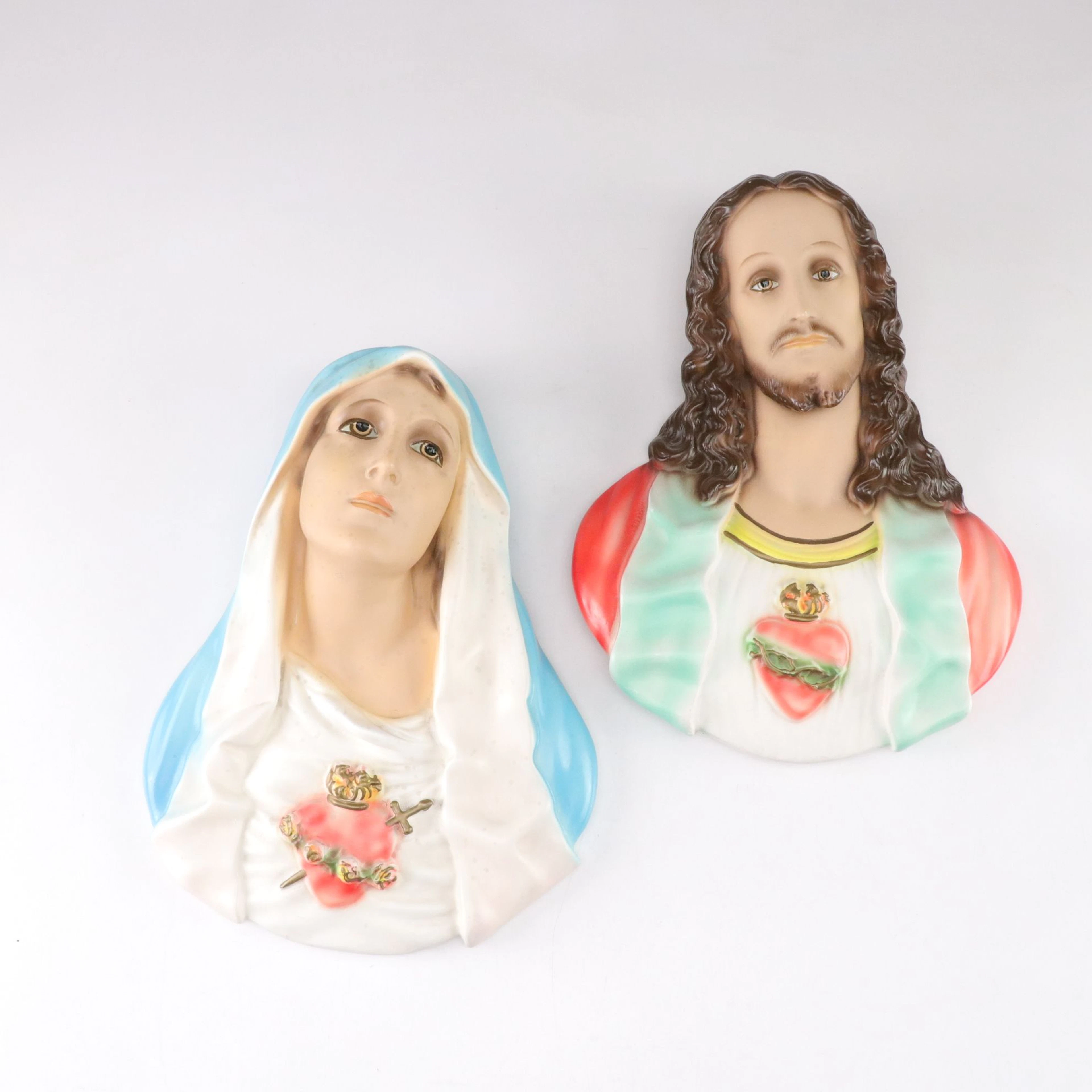 "Sacred Heart of Jesus" and "Immaculate Heart of Mary" Chalkware Wall Plaques