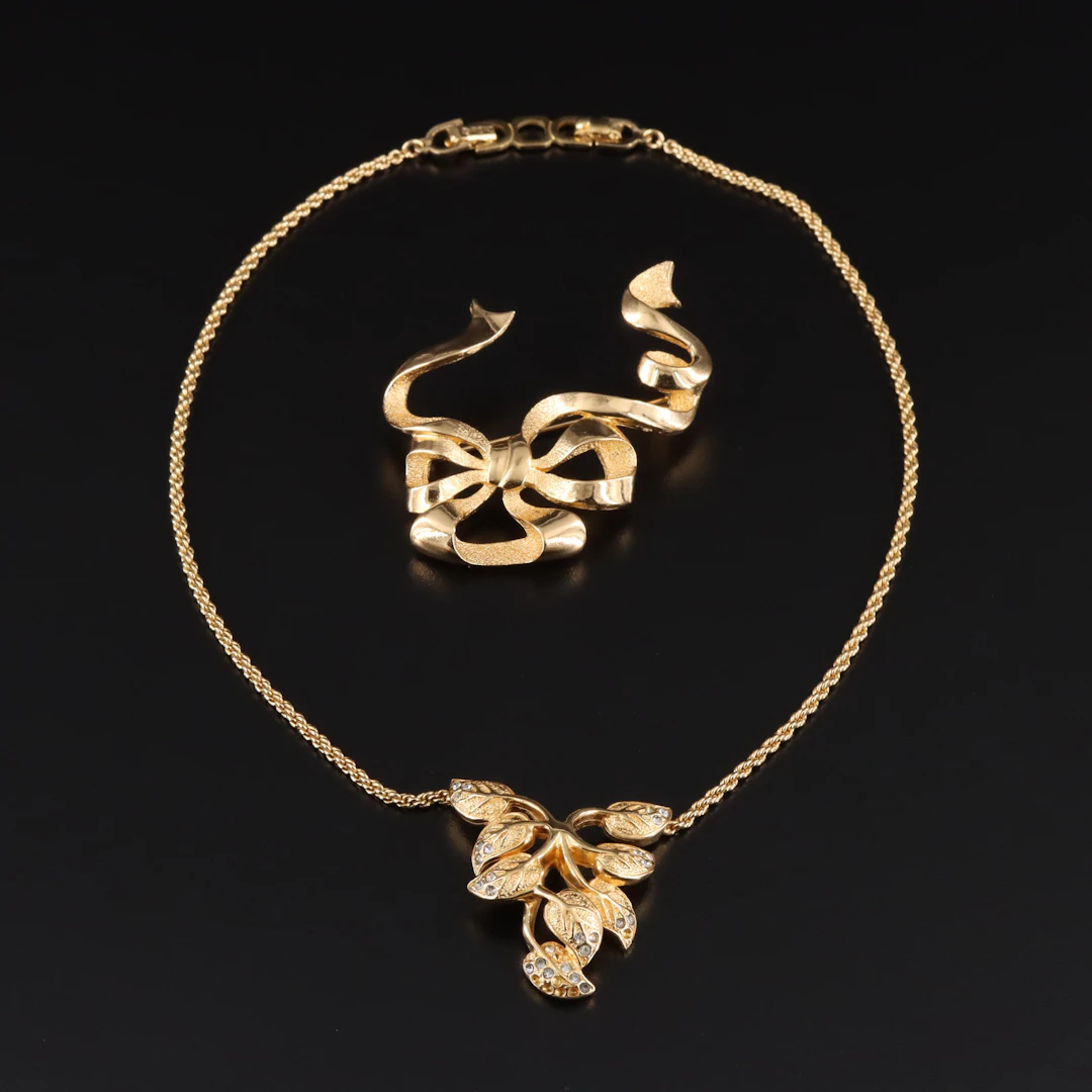 Christian Dior Bow Brooch and Crystal Folate Necklace