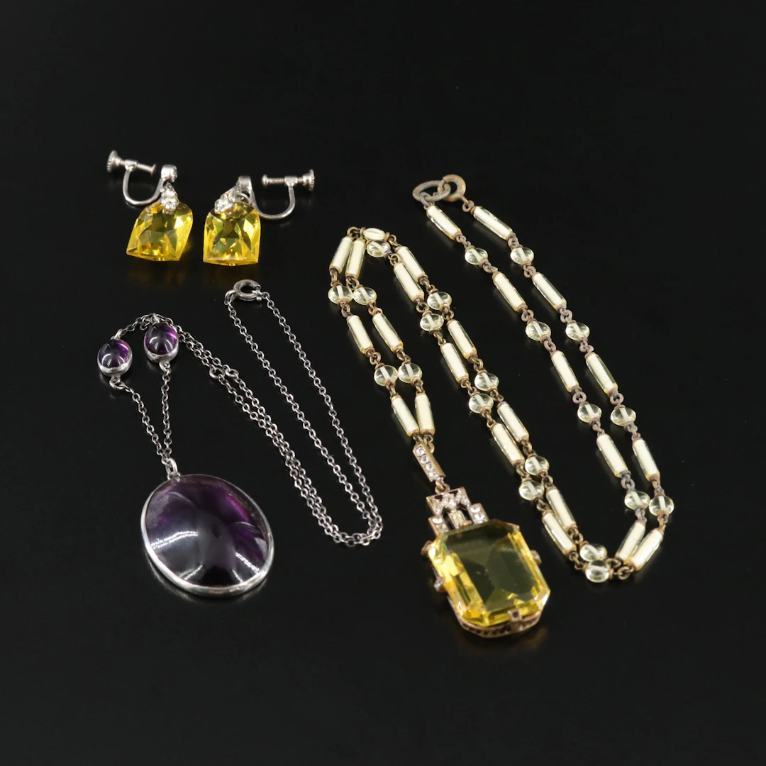 Art Deco Czech Glass & Rhinestone Necklace & Earrings Including Sterling