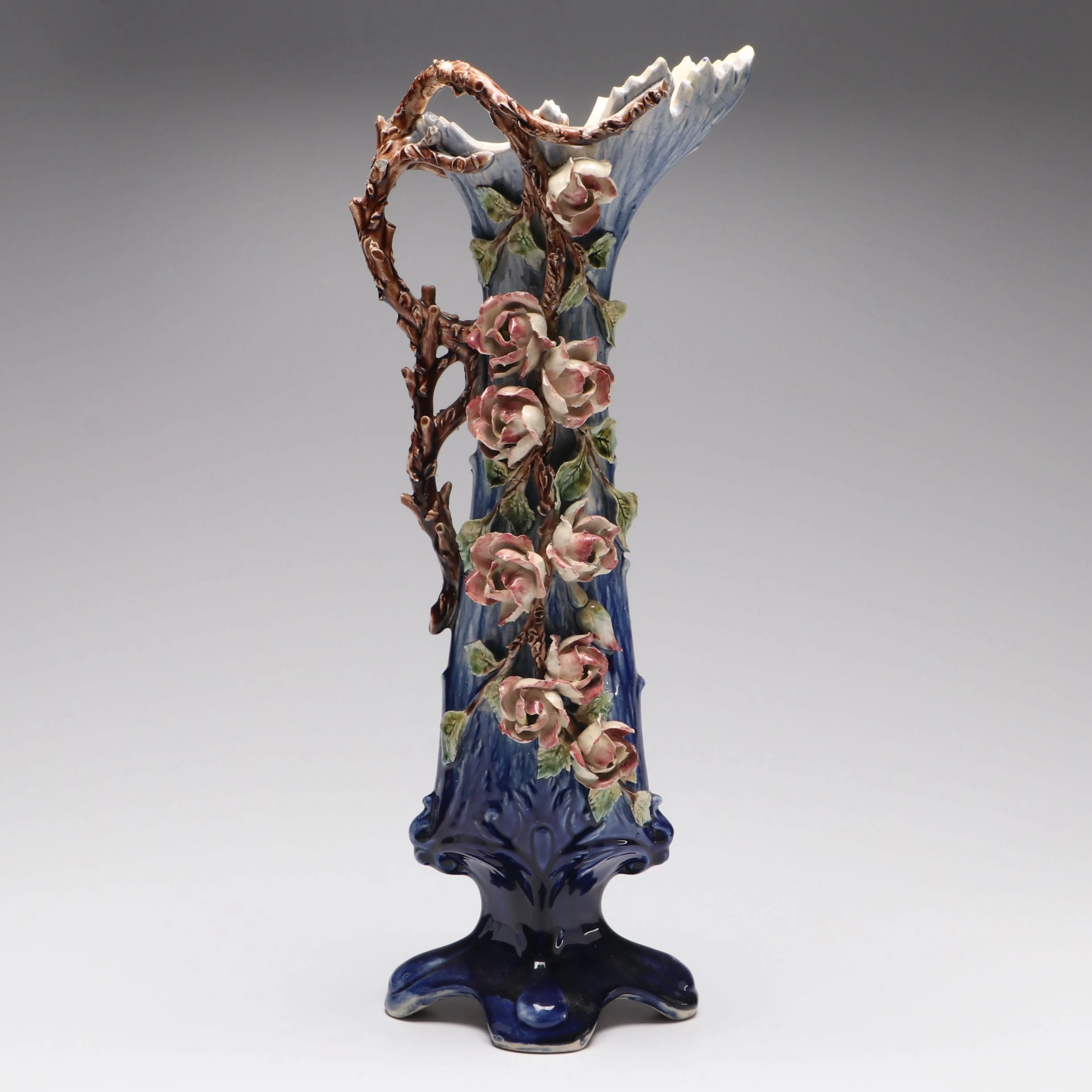 French Floral Barbotine Majolica Vase, Late 19th/Early 20th Century