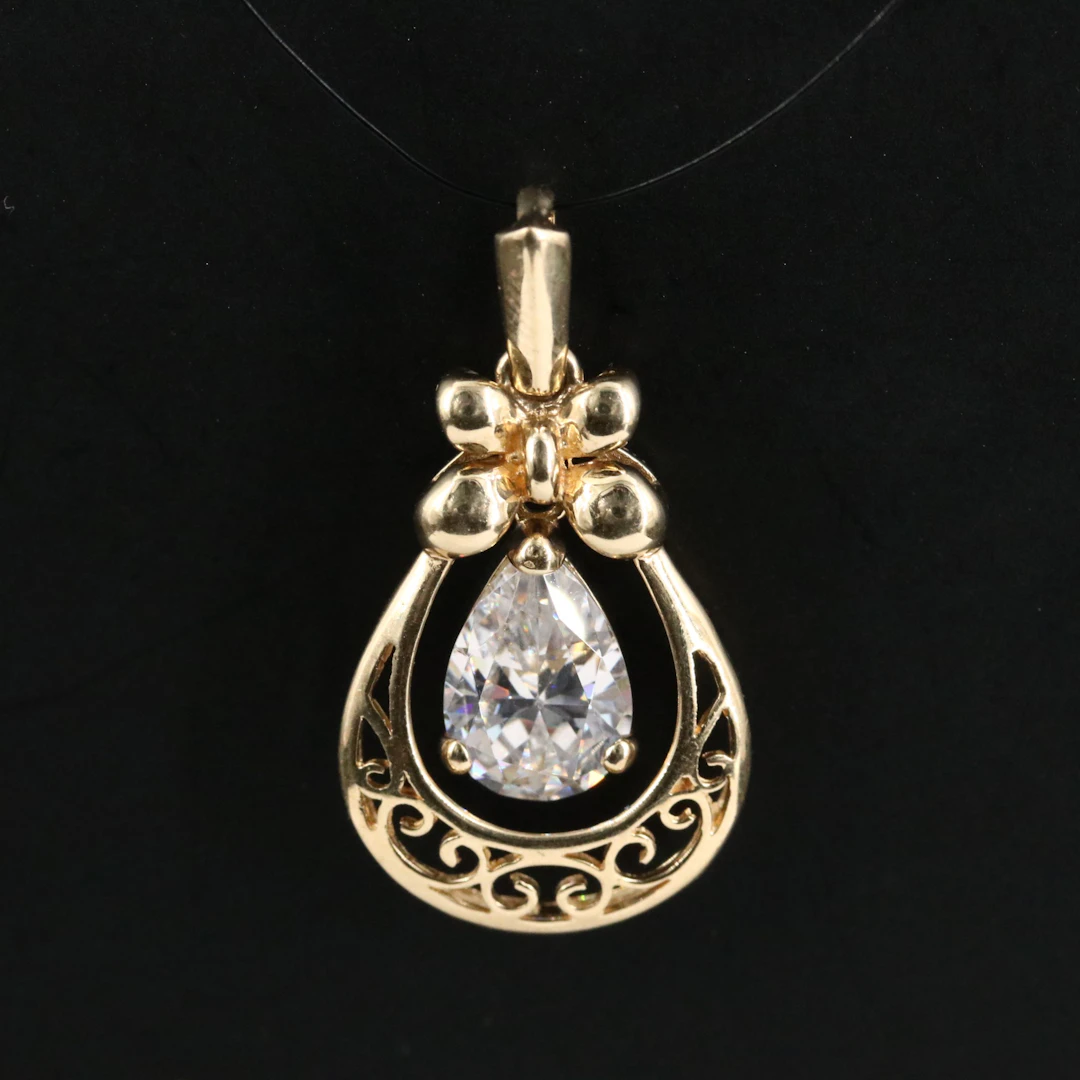 14K CZ Floral and Scroll Pendant