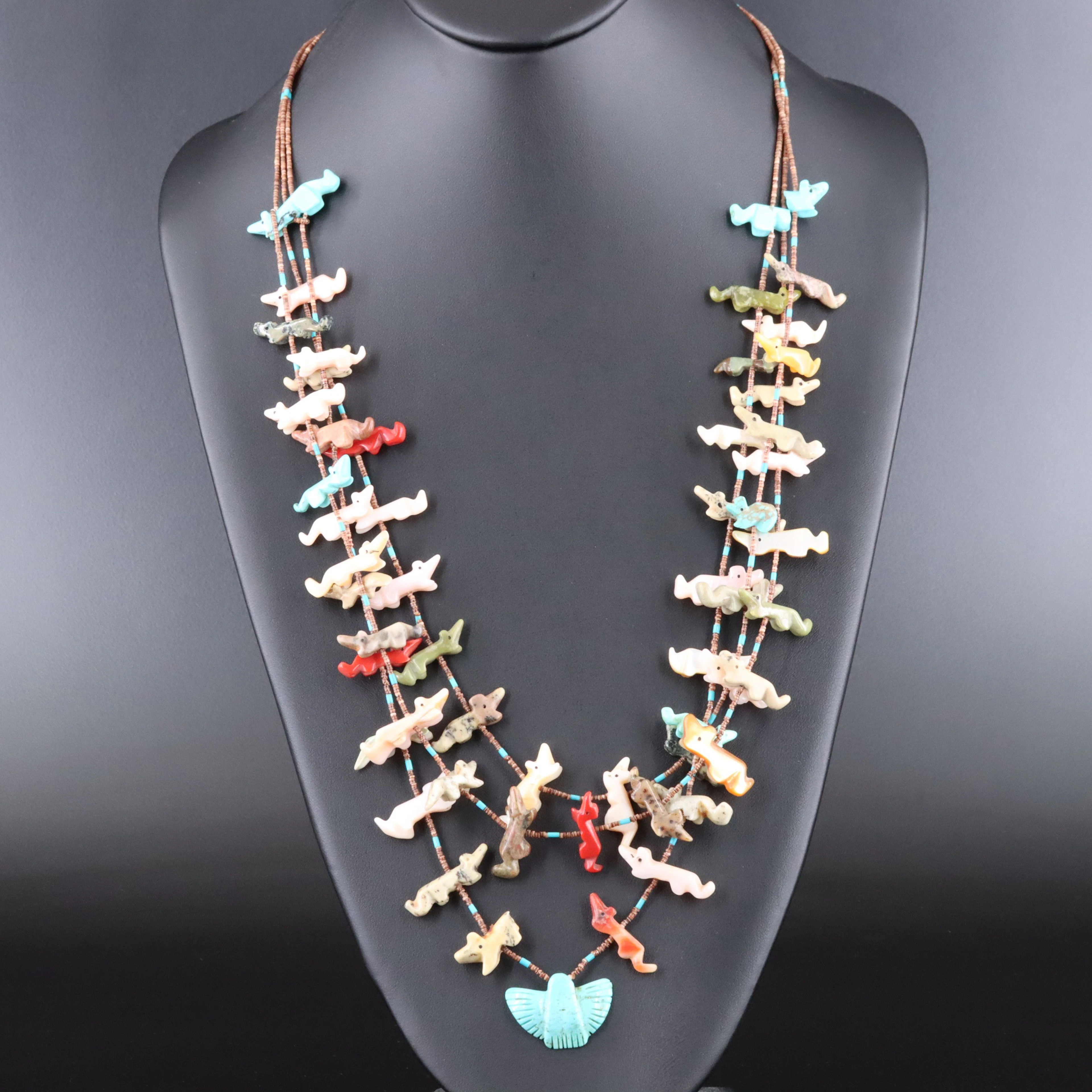 Southwestern Mother-of-Pearl, Jasper, Turquoise Fetish Necklace with Sterling