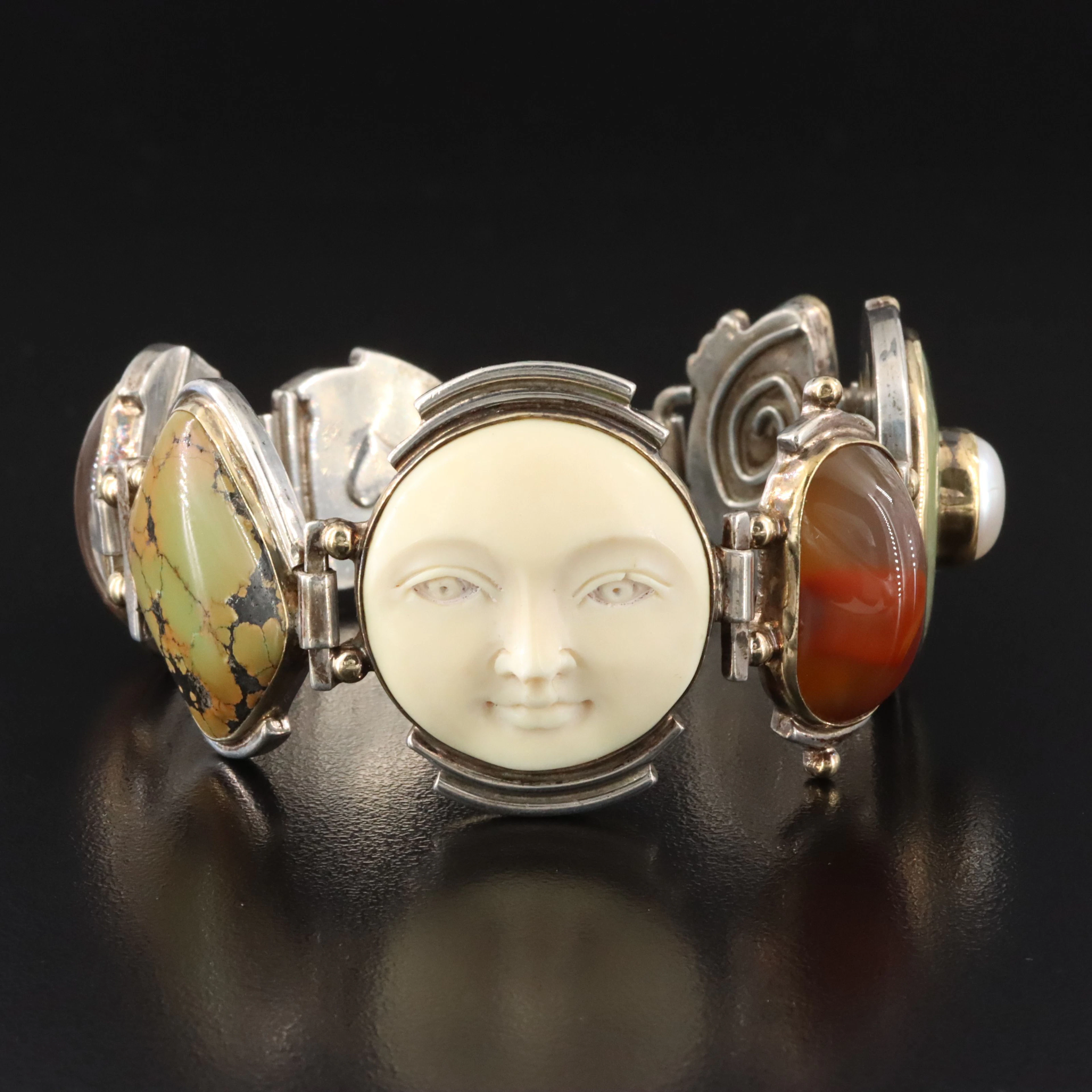 Shano Kelly Sterling Carved Bone, Agate, and Turquoise Moon Bracelet