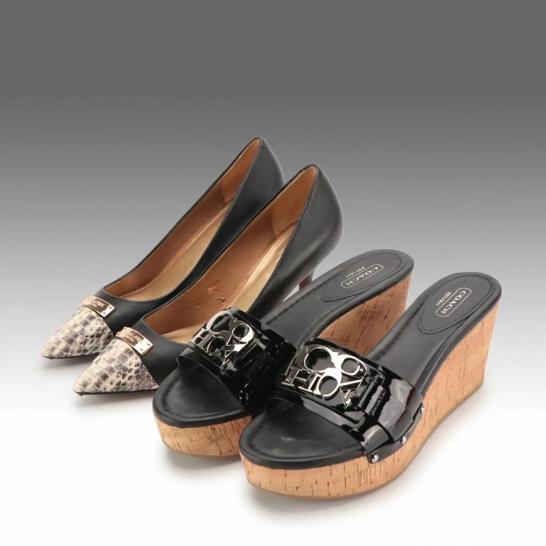 Coach Zan Snakeskin Cap Toe Pumps and Jen Patent Leather Wedge Slides, Boxes