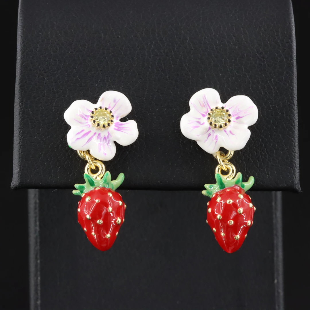Sterling Strawberry CZ and Enamel Earrings