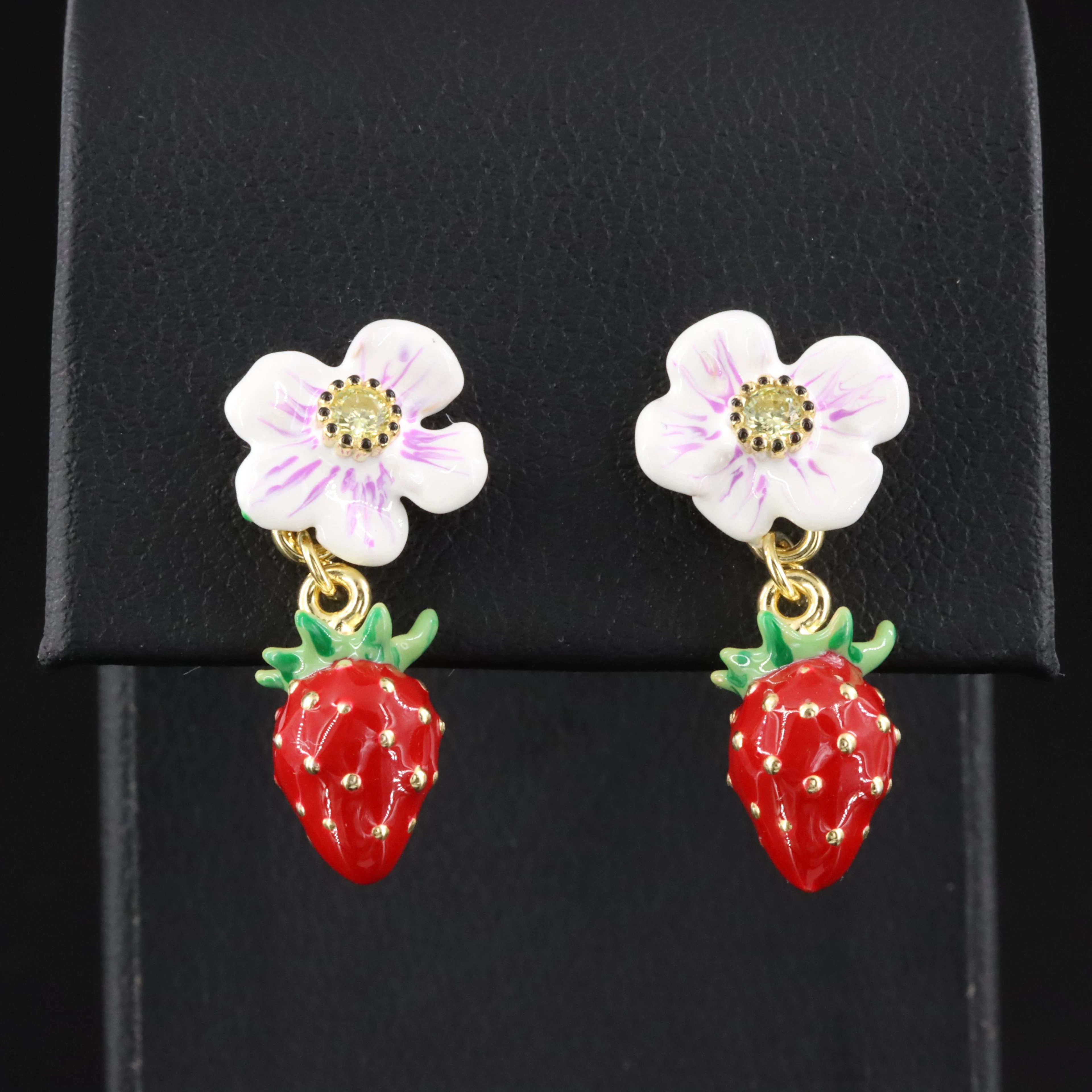 Sterling Strawberry CZ and Enamel Earrings