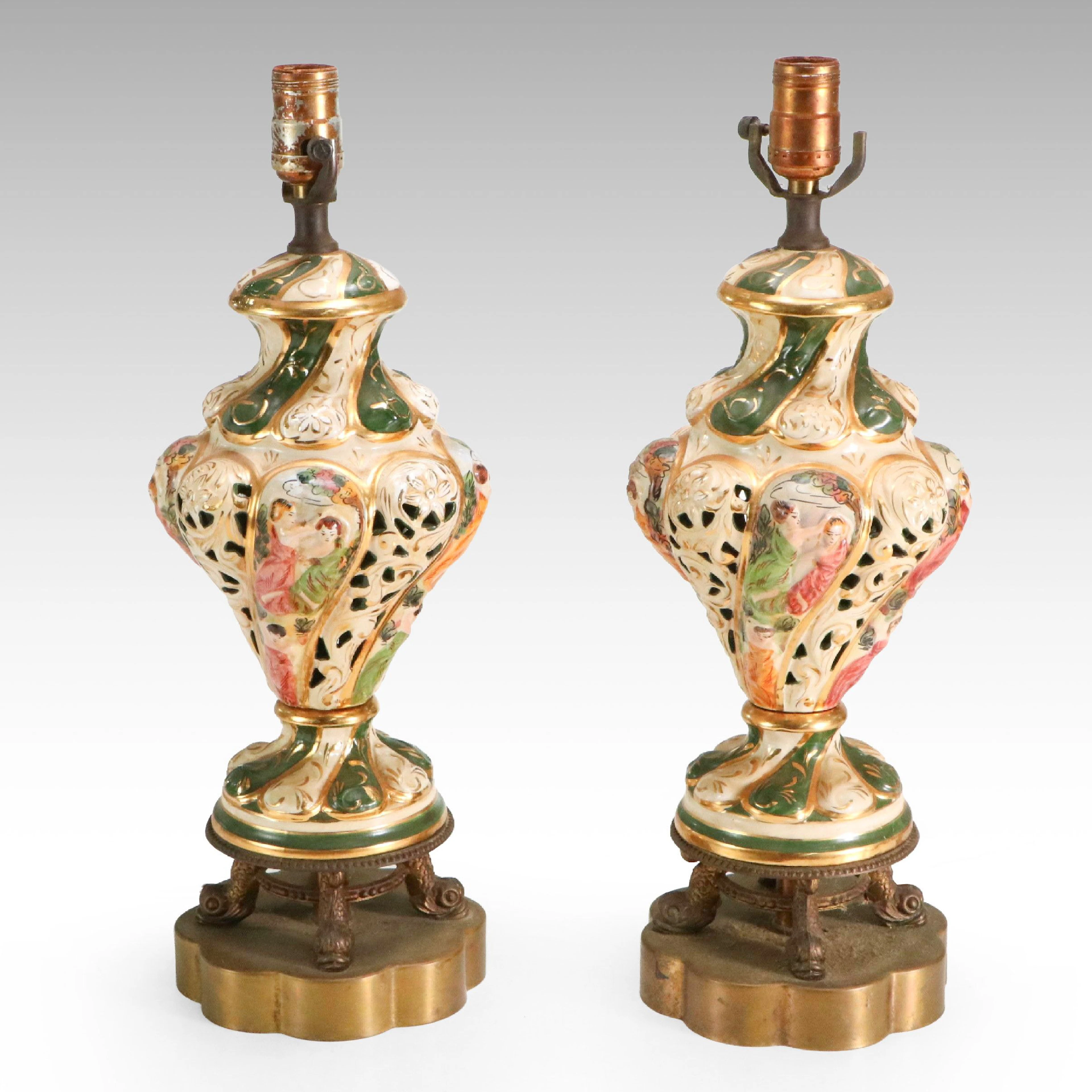 Pair of Capodimonte Style Ceramic Table Lamps, Late 20th Century