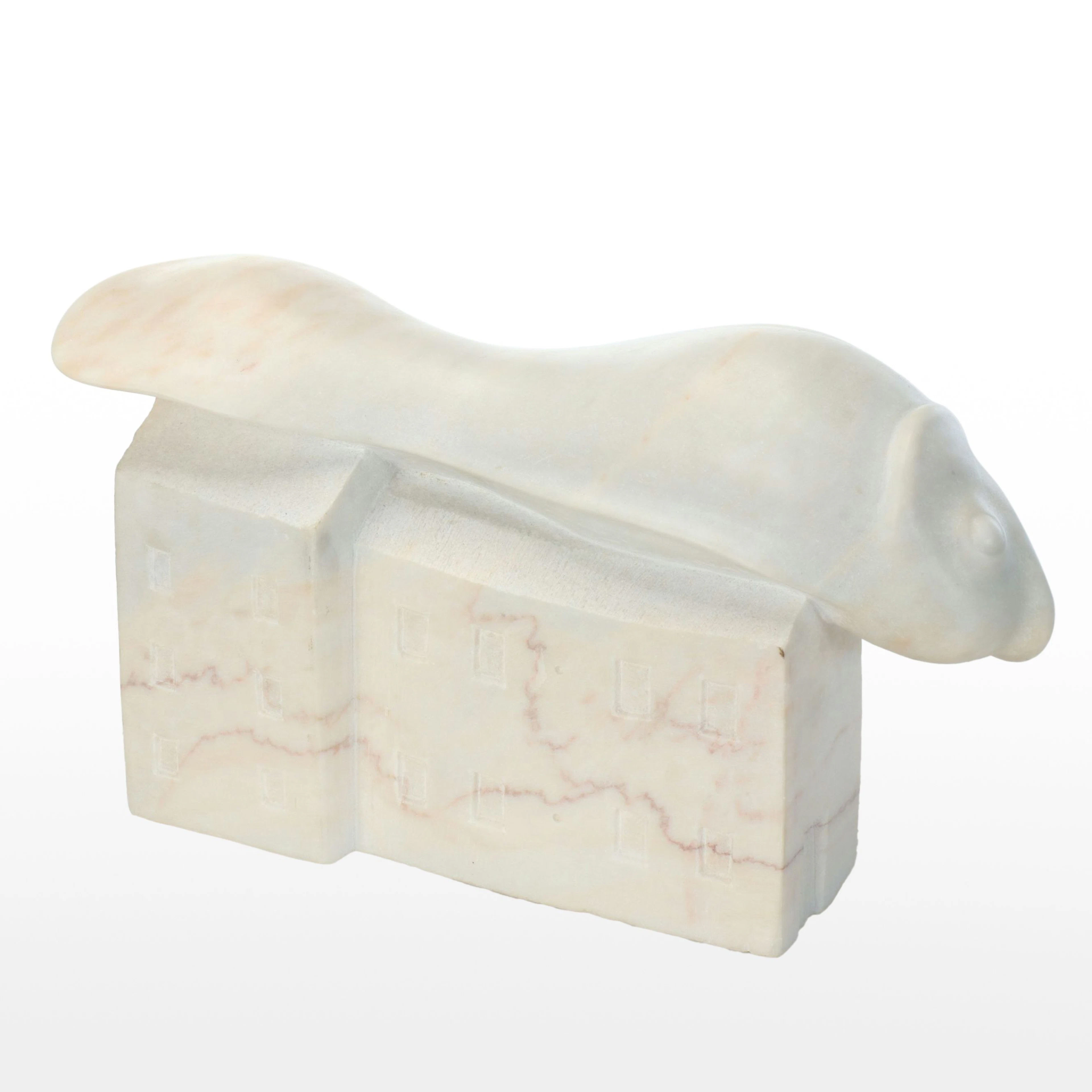 Surrealist Carved Alabaster Sculpture of Fish on a Building, 2001