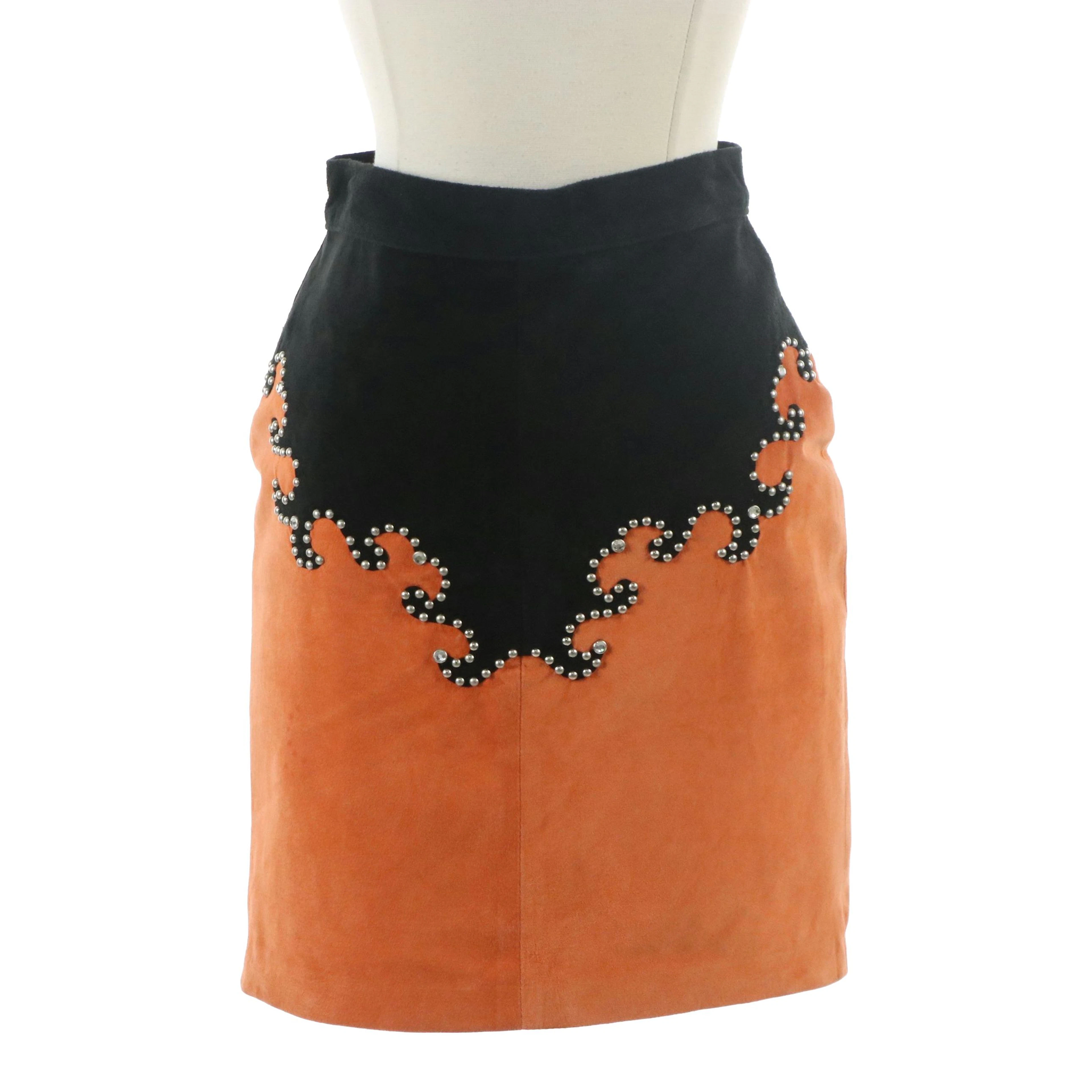 Jose Mendez Studded Black and Orange Suede Leather Mini Skirt