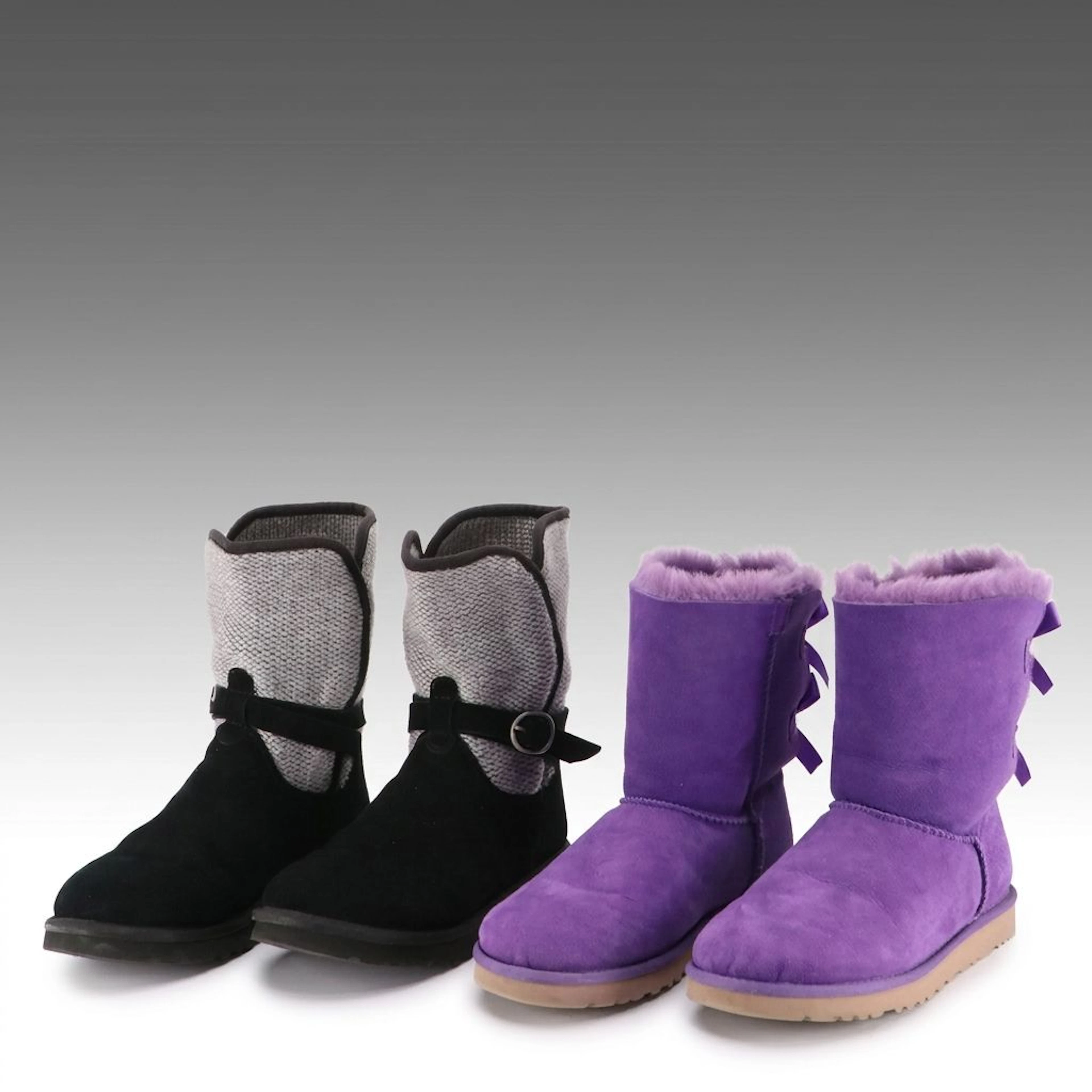 UGG Purple Bailey Bow and Black Nyla Knit Shaft Boots with Boxes