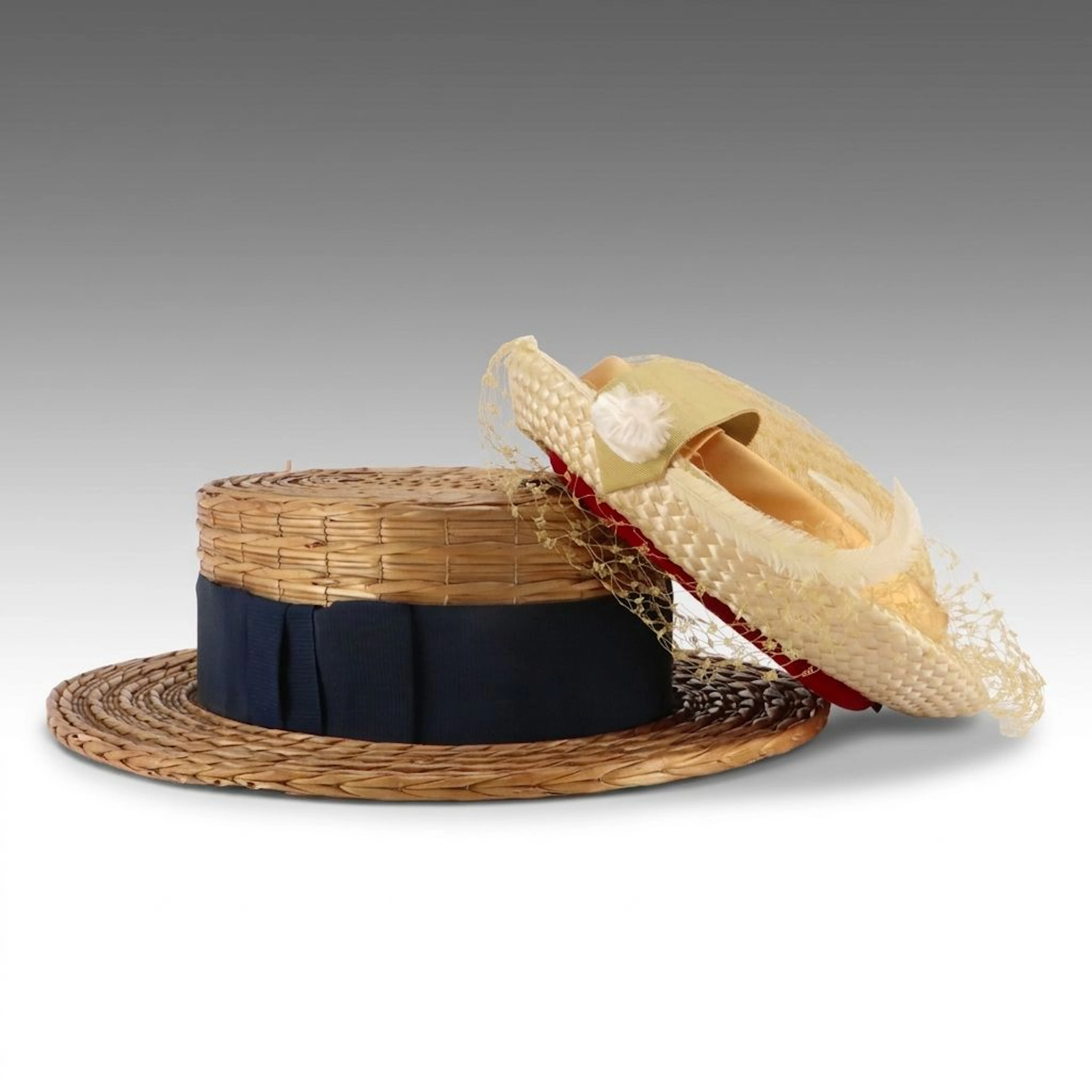 Carson Pirie Scott & Co. Woven Straw Boater Hat & Mme Alice Veil Fascinator Hat