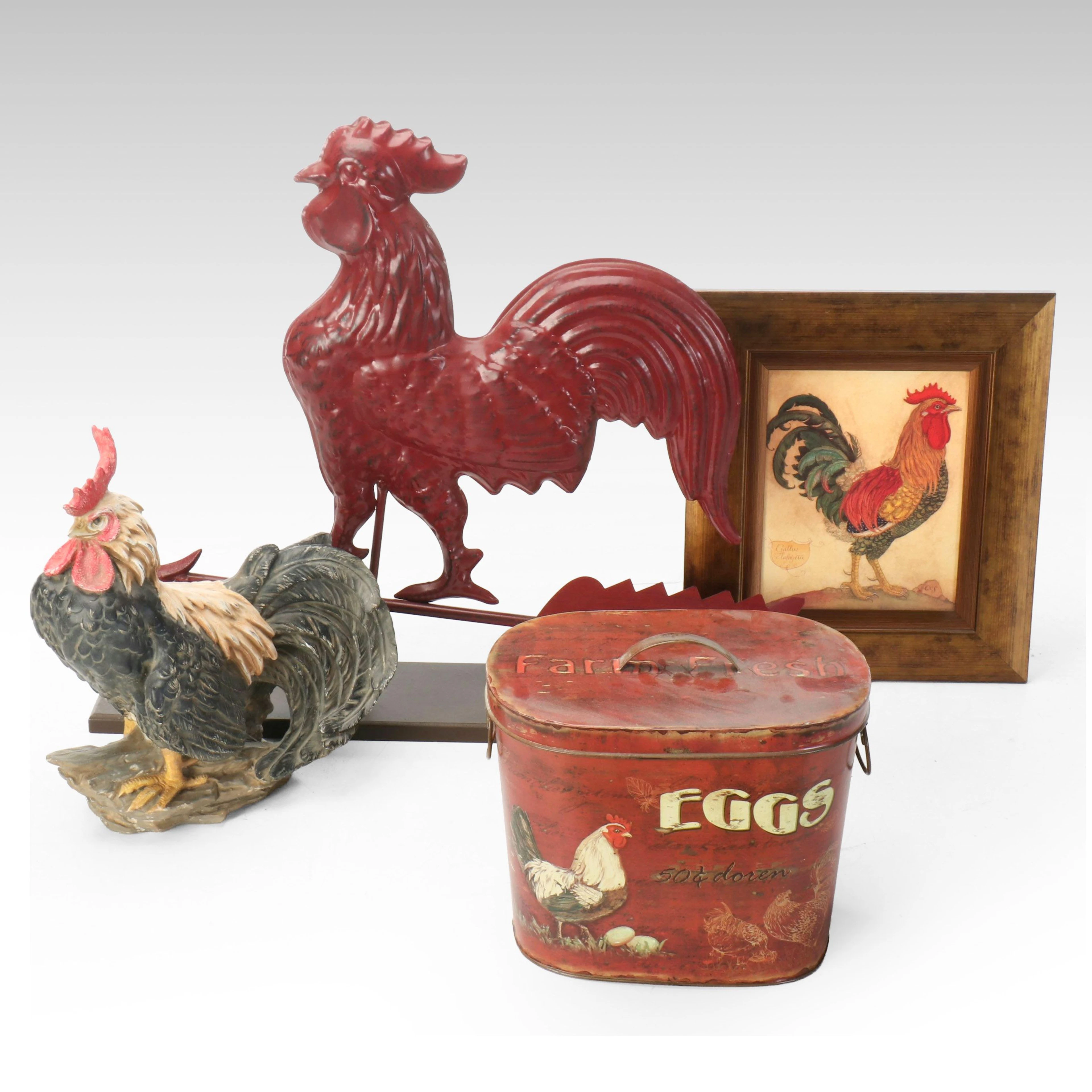 Primitive Style Painted Metal Weather Vane with Other Rooster-Themed Décor
