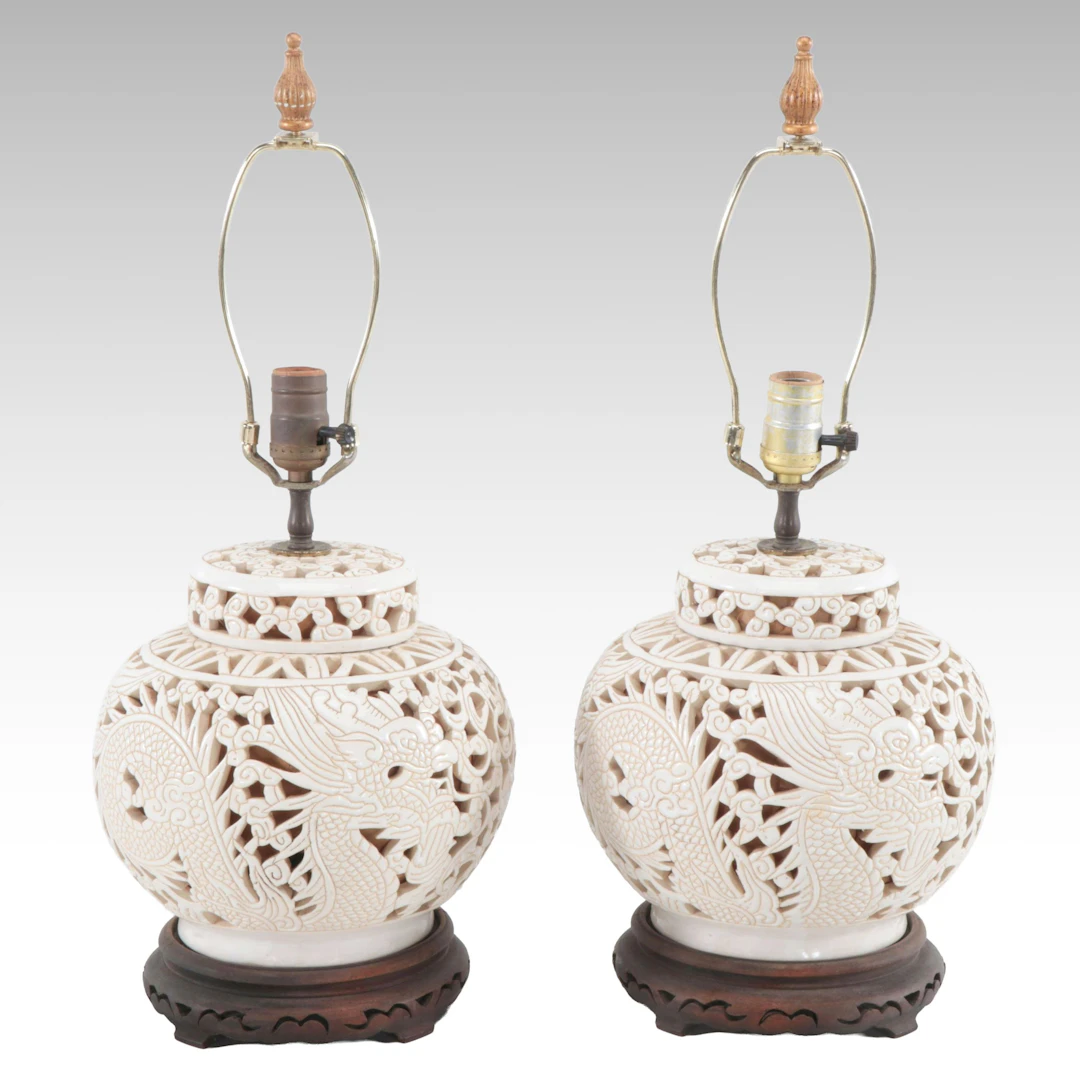 Pair of Chinese Dragon Pierced Ceramic Ginger Jar Table Lamps
