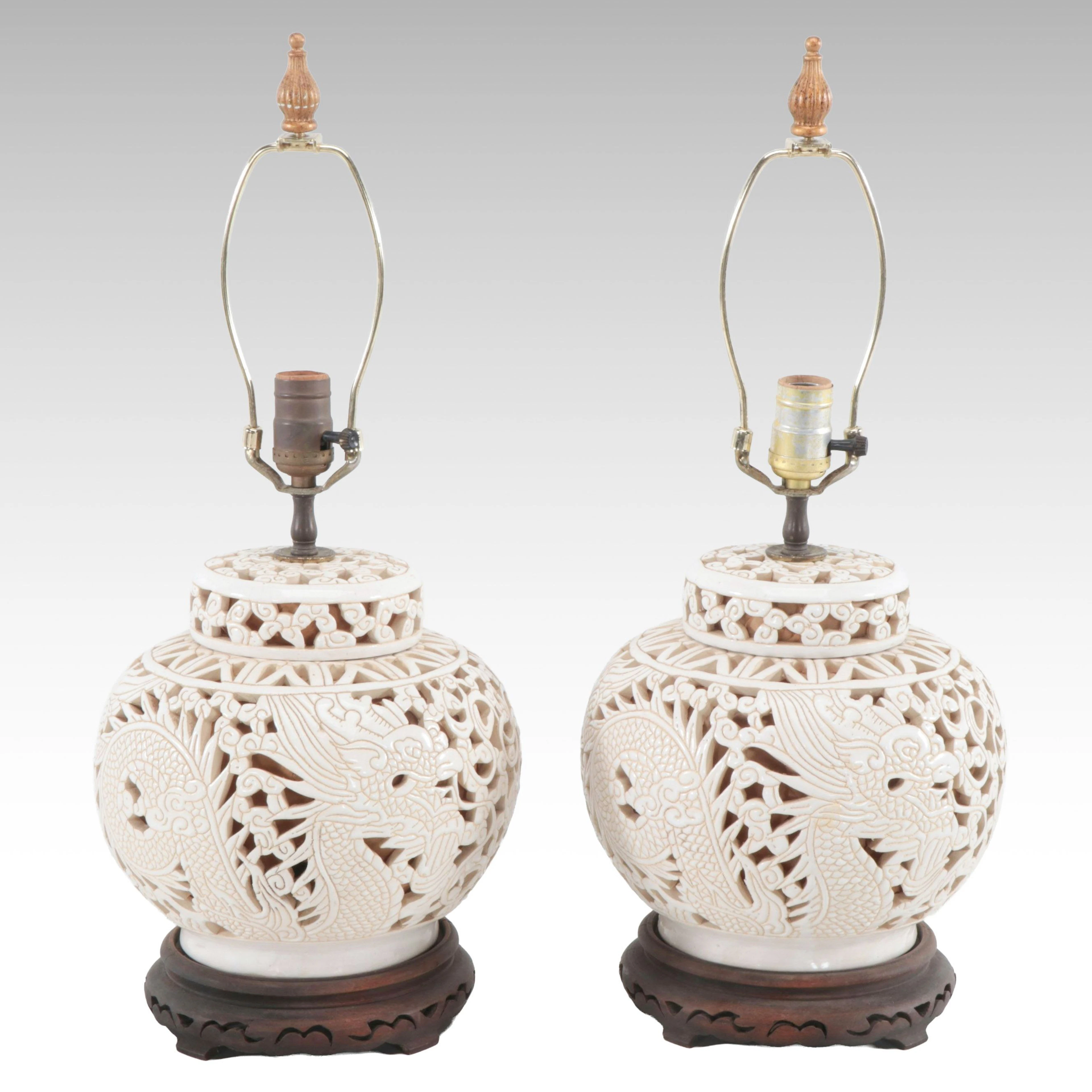 Pair of Chinese Dragon Pierced Ceramic Ginger Jar Table Lamps