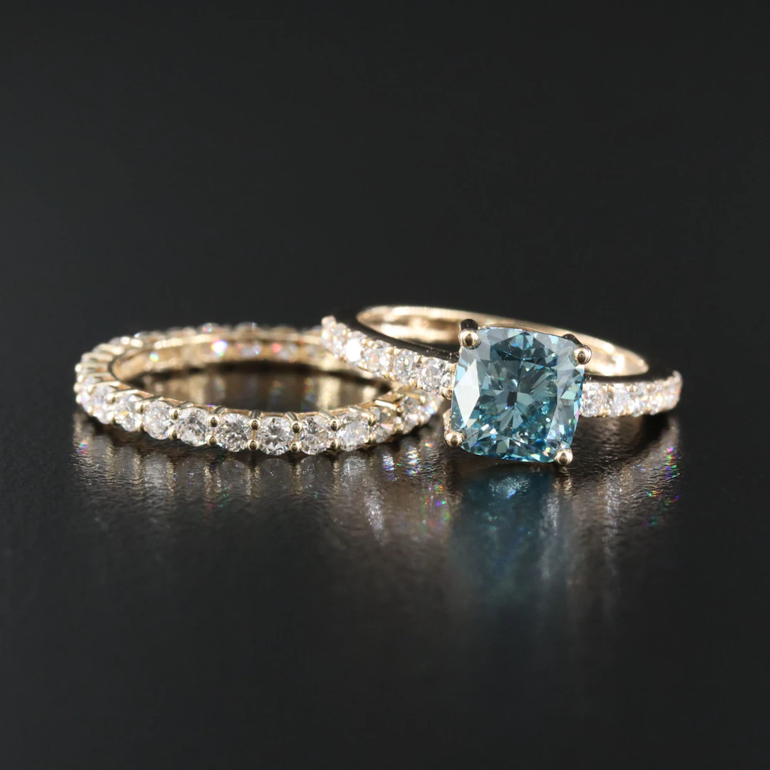 14K 3.58 CTW Lab Grown Diamond Ring and Eternity Band with Fancy Blue