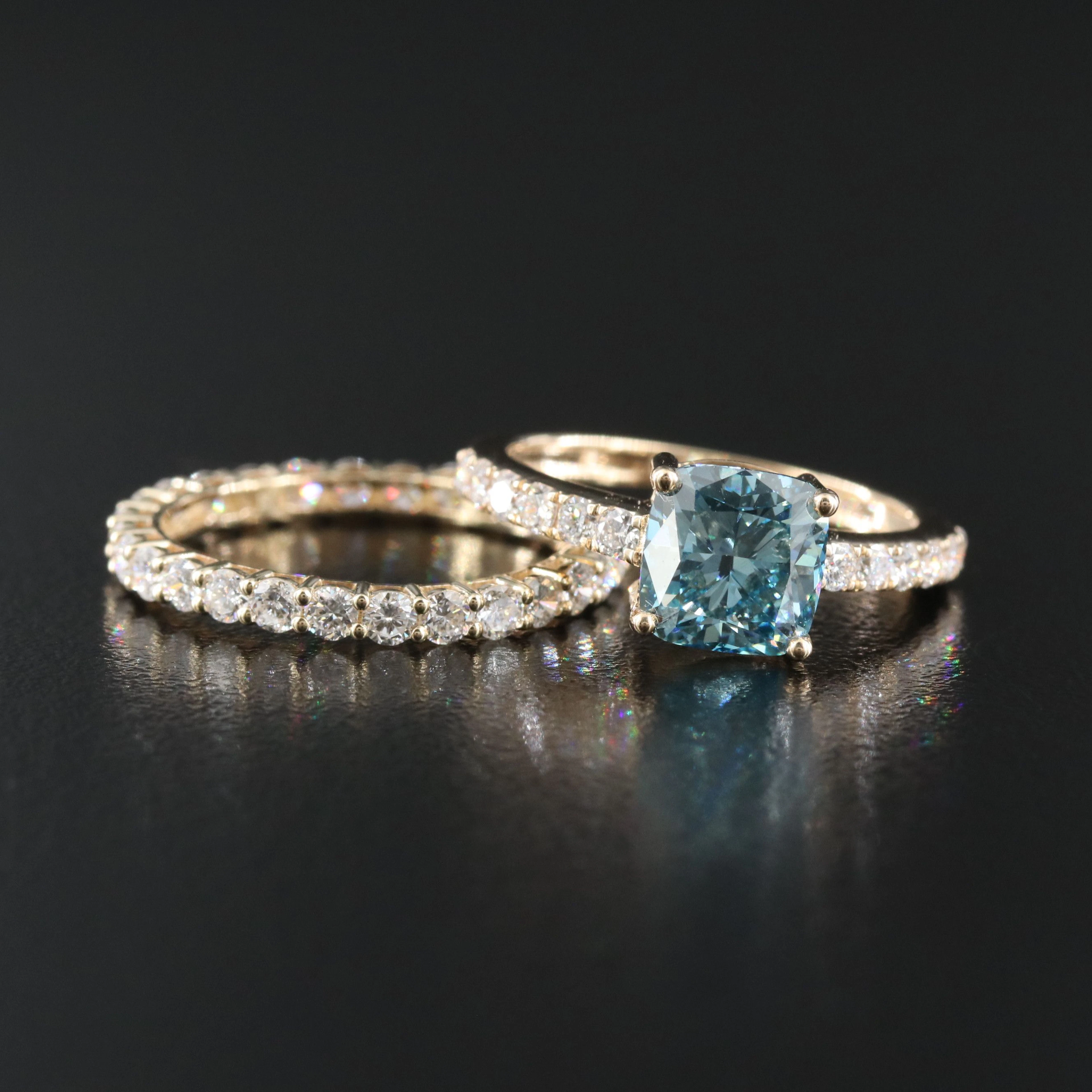 14K 3.58 CTW Lab Grown Diamond Ring and Eternity Band with Fancy Blue