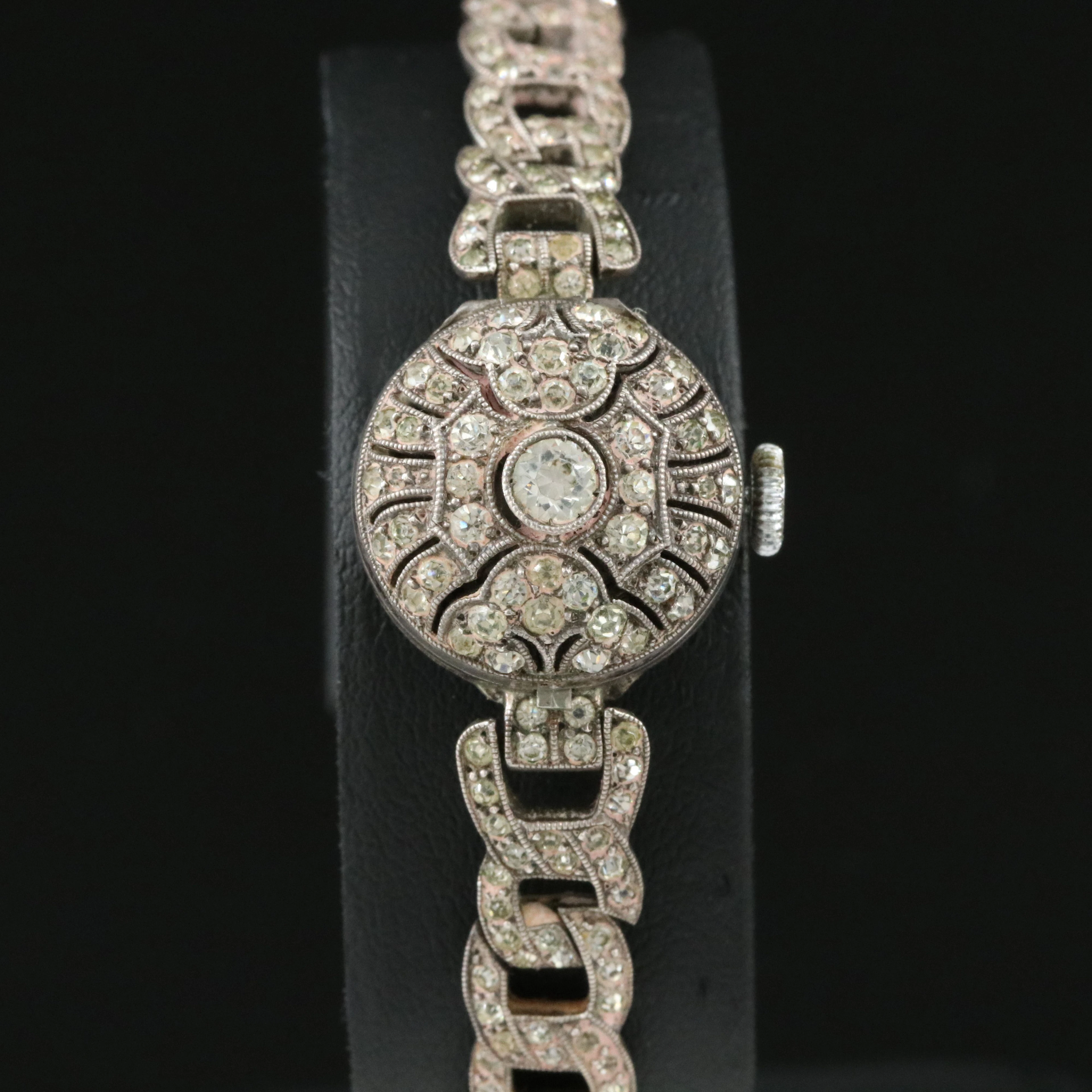 Sterling Silver Hidden Dial Rhinestone Covered 17mm Mechanical Watch