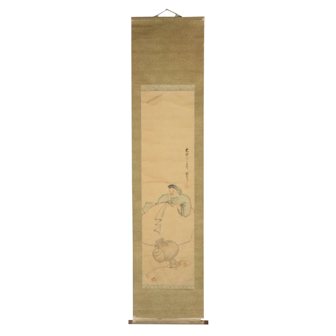 Japanese Ink Wash and Watercolor Scroll Painting of Daikokuten