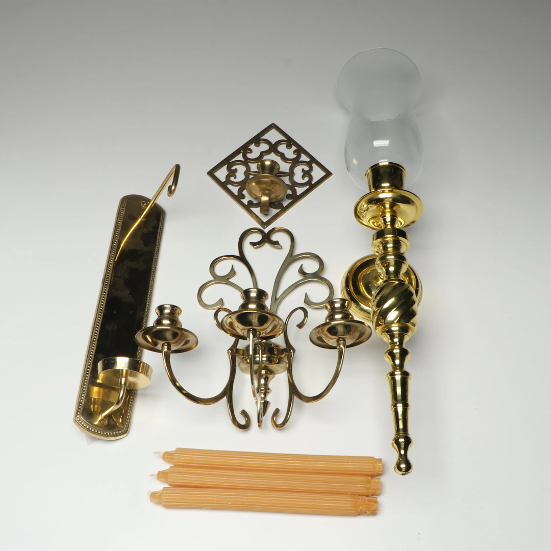 Brass Wall Candlestick Sconces with Candles