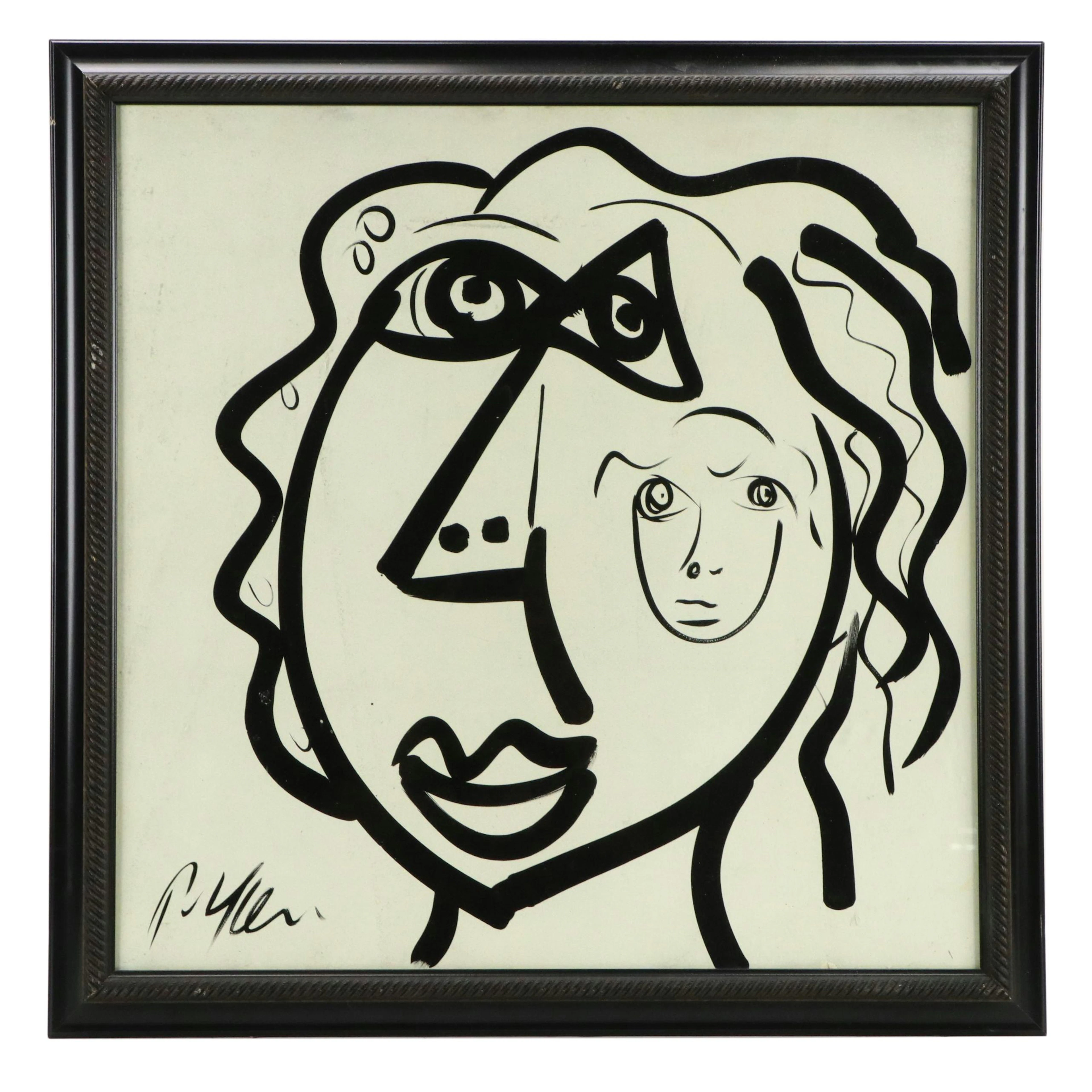 Peter Keil Abstract Portrait Acrylic Painting, Late 20th Century