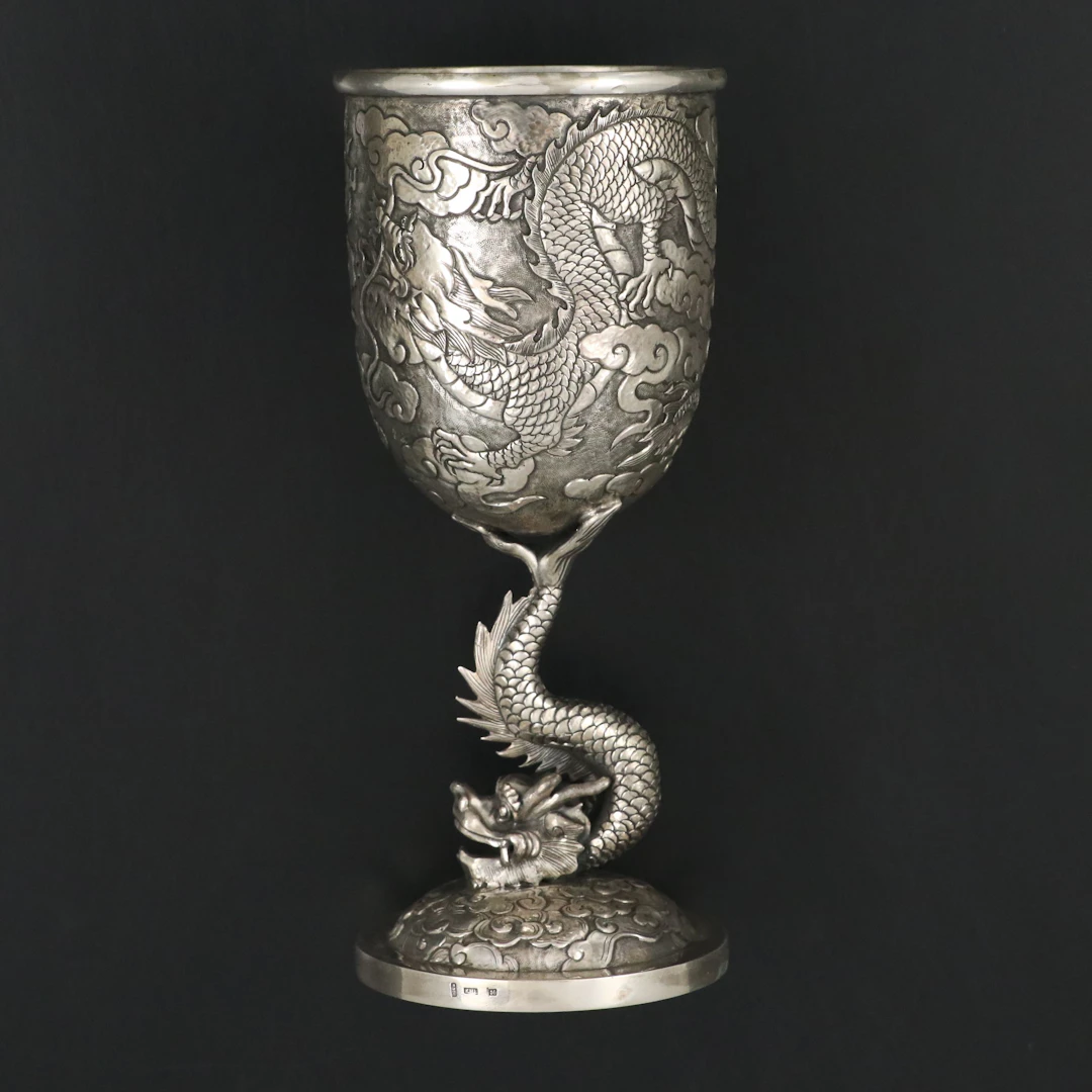 Late Qing Dynasty Kwong Hing Loong & Co. Sterling Silver Dragon Goblet