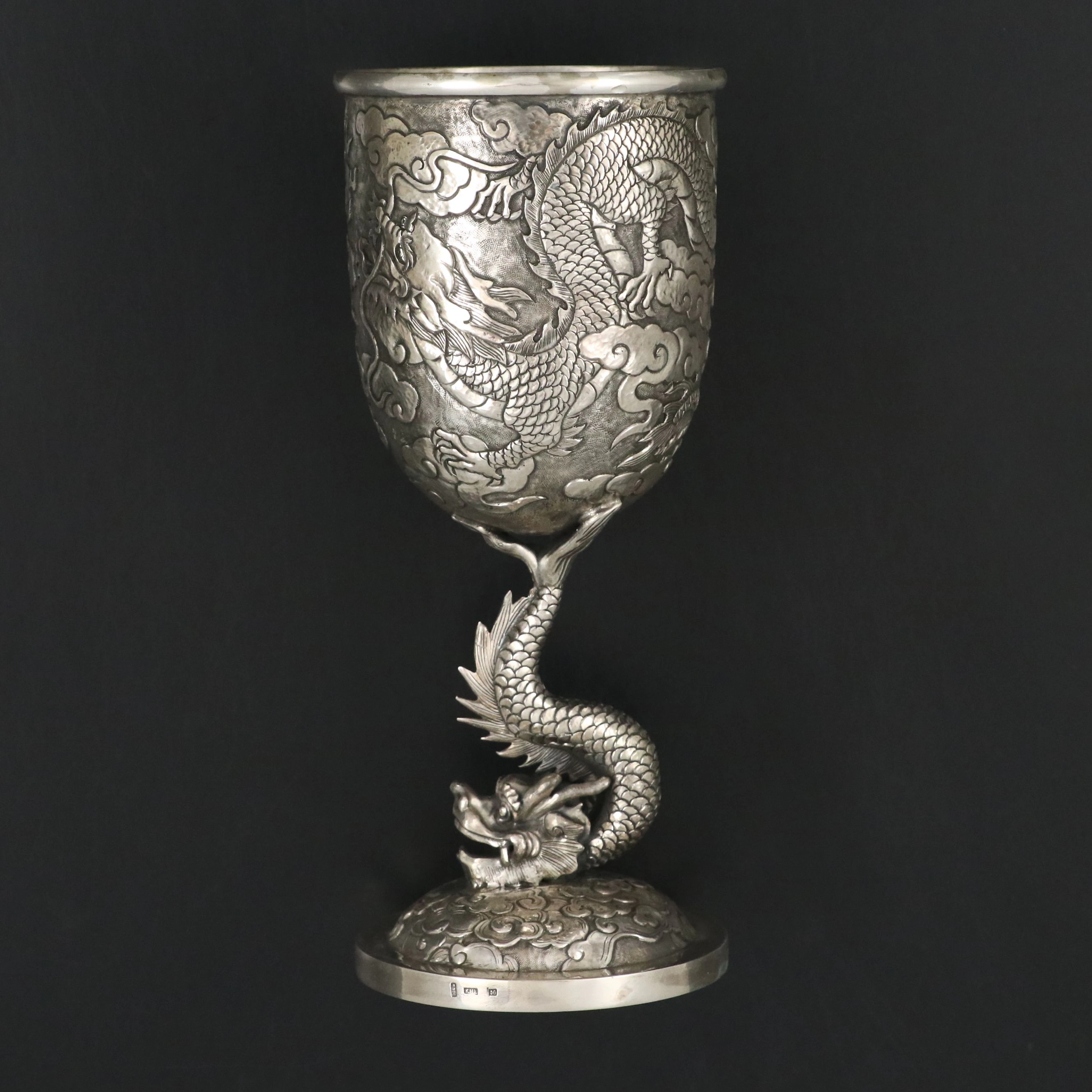 Late Qing Dynasty Kwong Hing Loong & Co. Sterling Silver Dragon Goblet