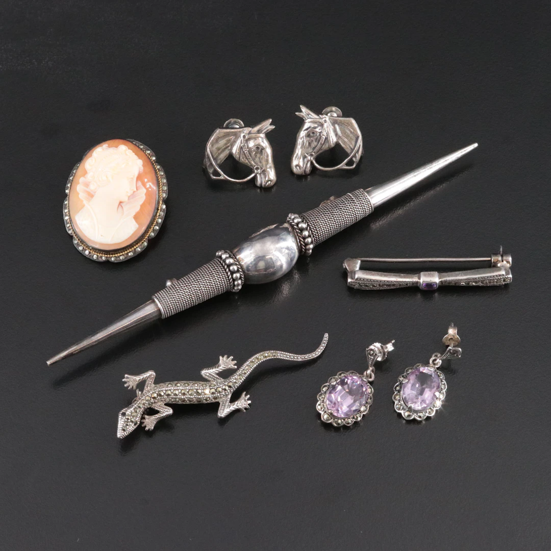 Shell Cameo, Amethyst and Marcasite Featured in Sterling Jewelry