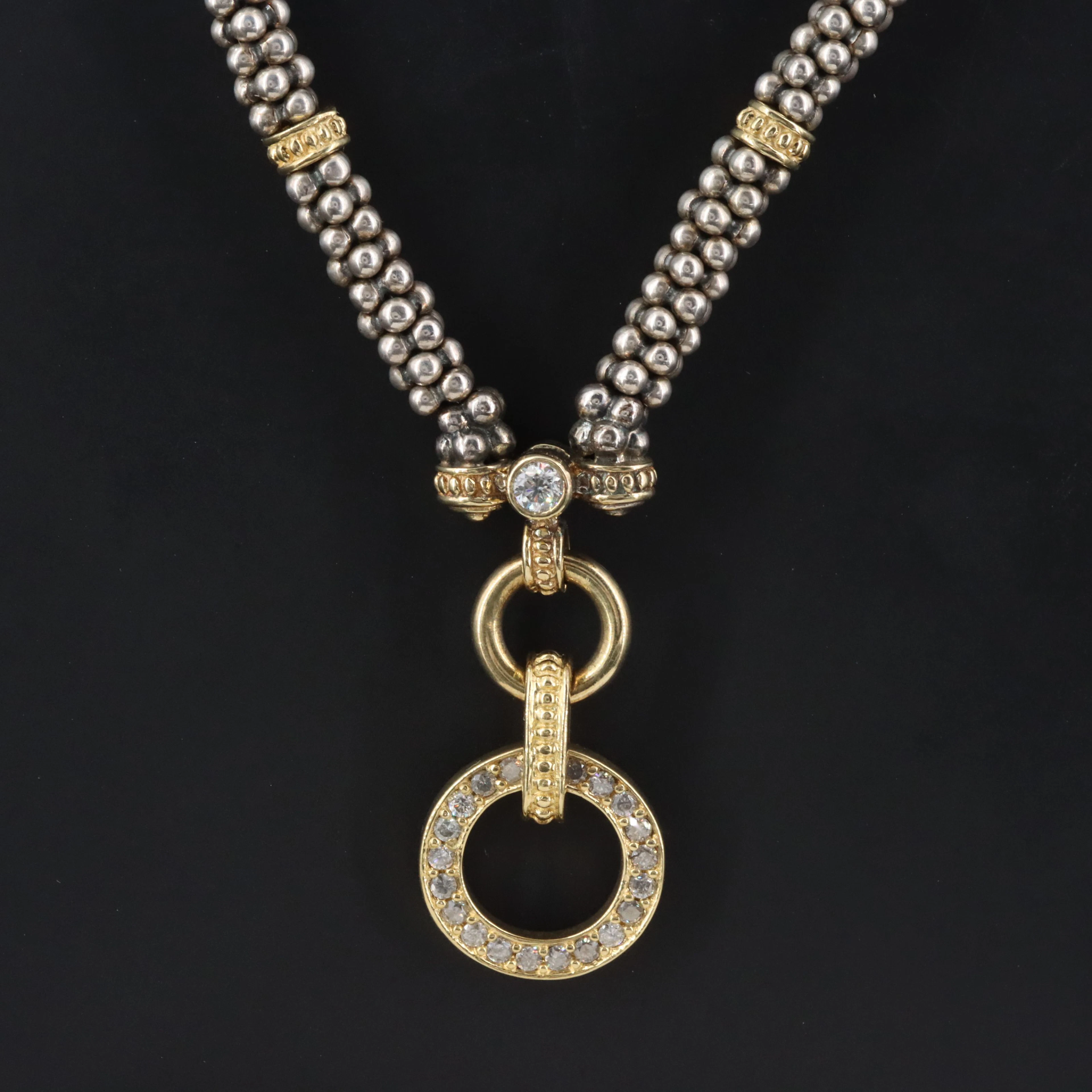 Lagos Sterling,18K and 0.40 CTW Diamond Caviar Station Necklace