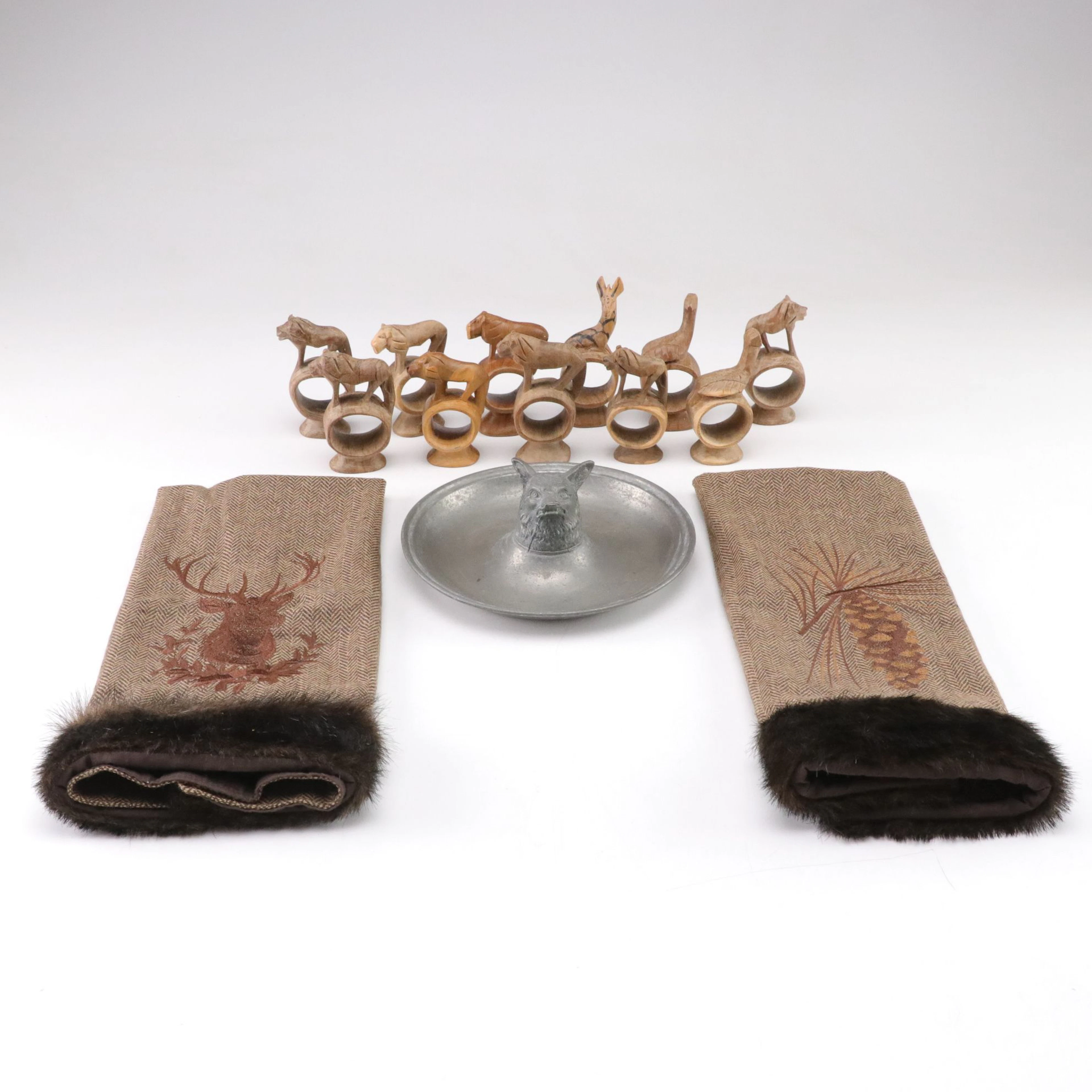Pewter Fox Vide Poche with Carved Wood Animal Napkin Rings