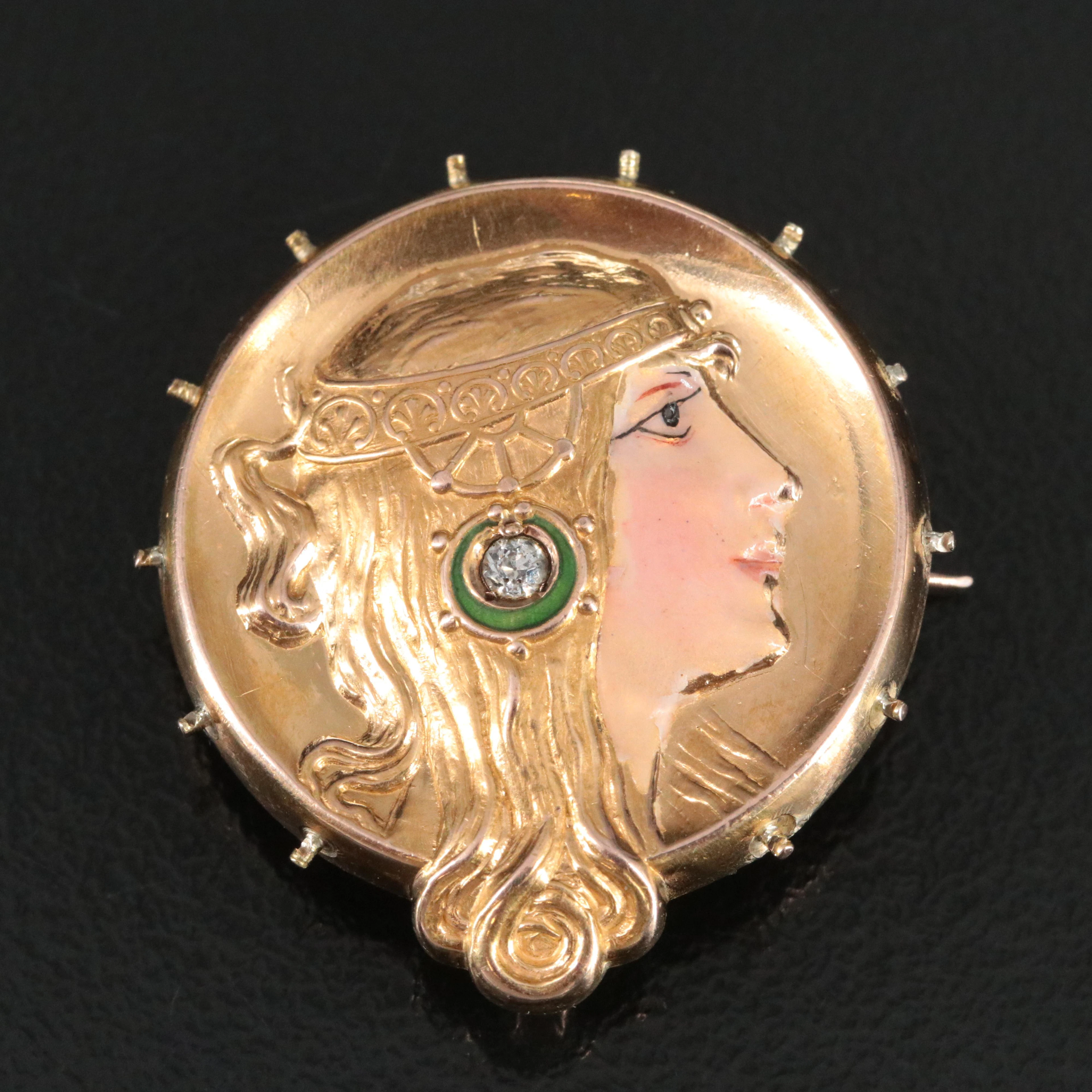 Art Nouveau 10K 0.04 CT Diamond and Enamel Alphonse Mucha Inspired Watch Pin