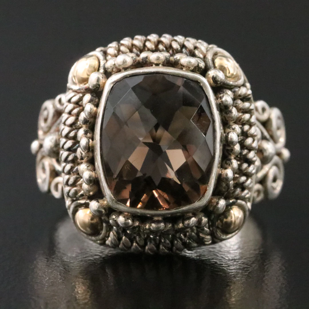 Bali Indonesia Sterling Smoky Quartz Ring with 18K Accents