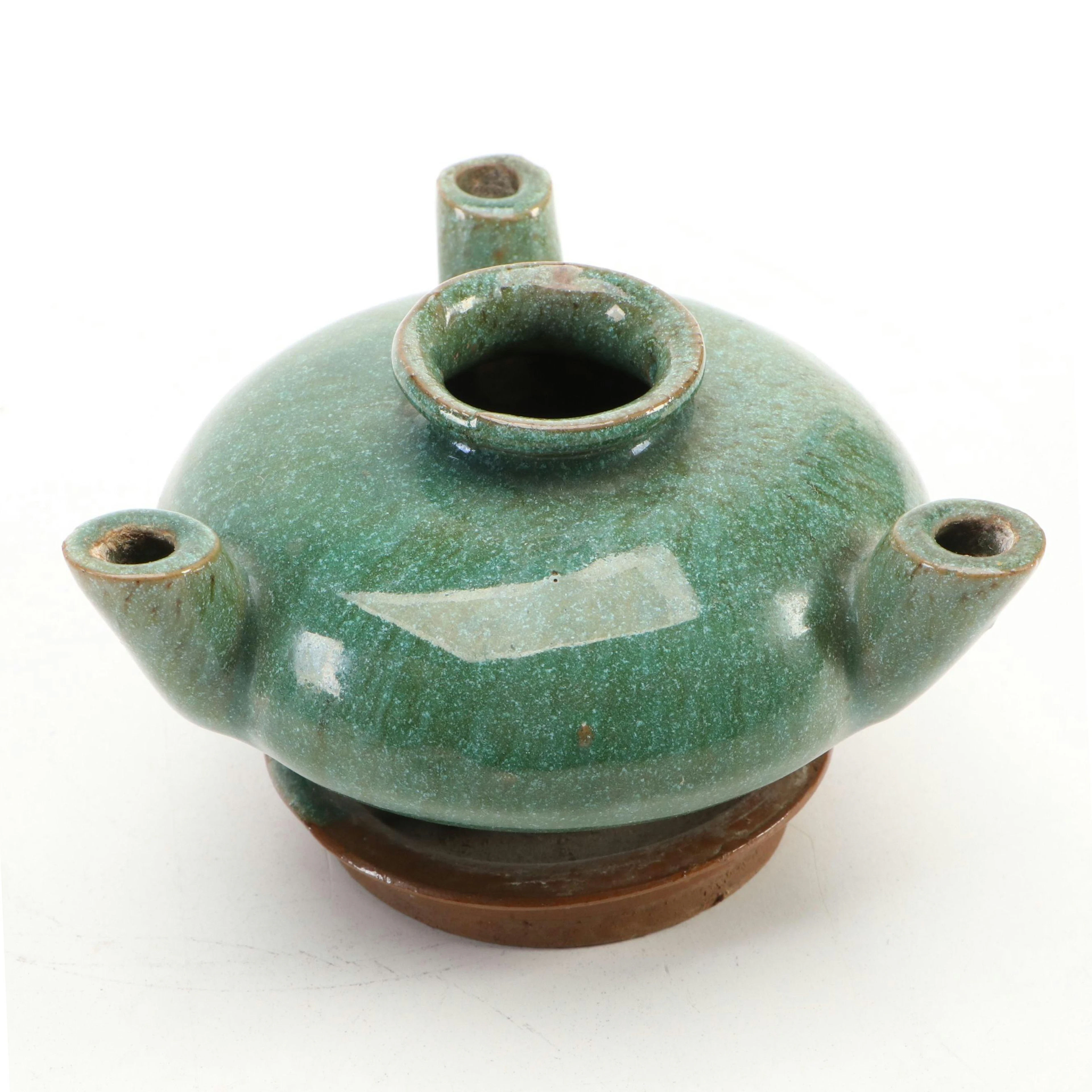 East Asian Triple Nozzle Oil Lamp with Copper Oxide Green Glaze, Antique