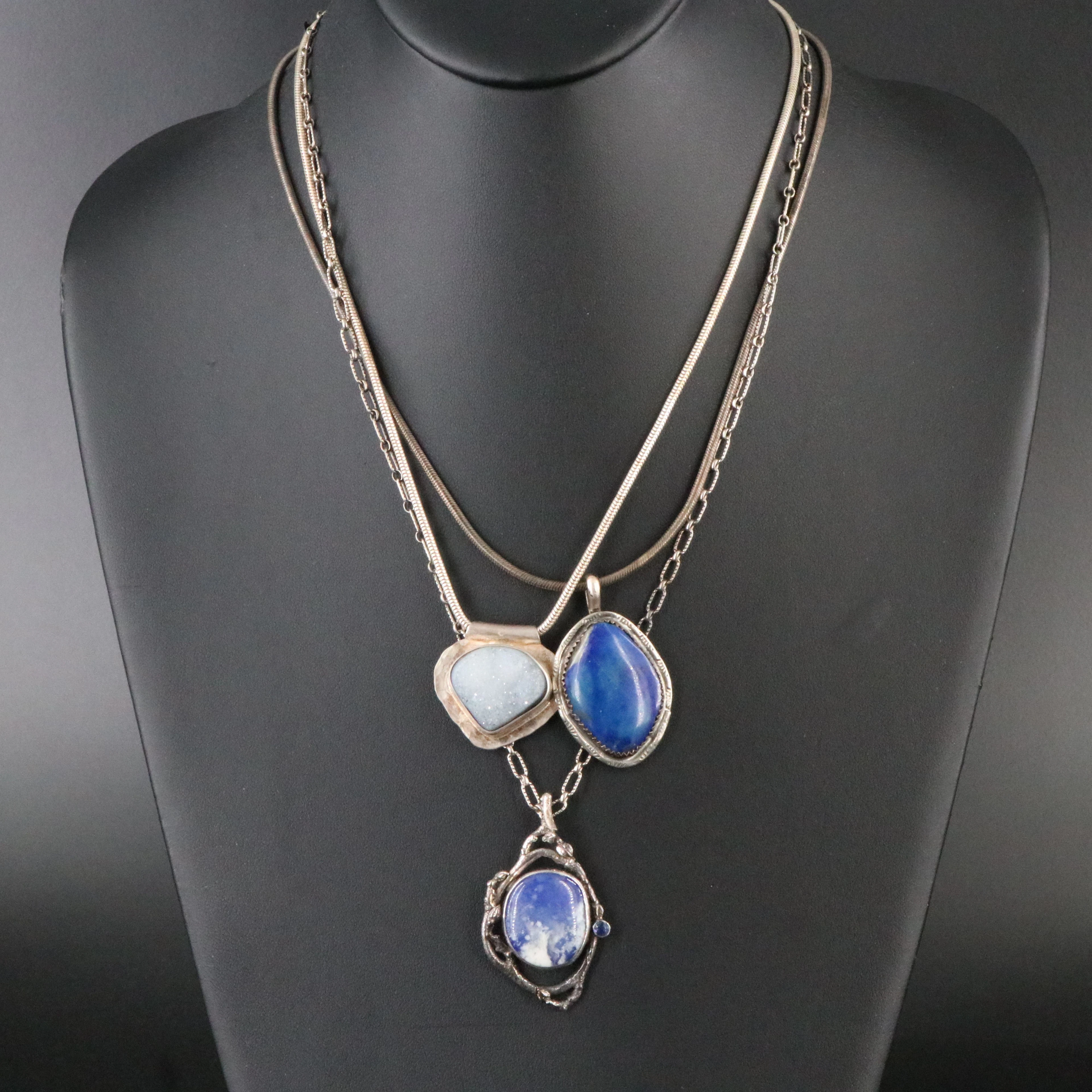 Sterling Druzy, Sodalite Pendant Necklaces Featuring George Kee Navajo Diné