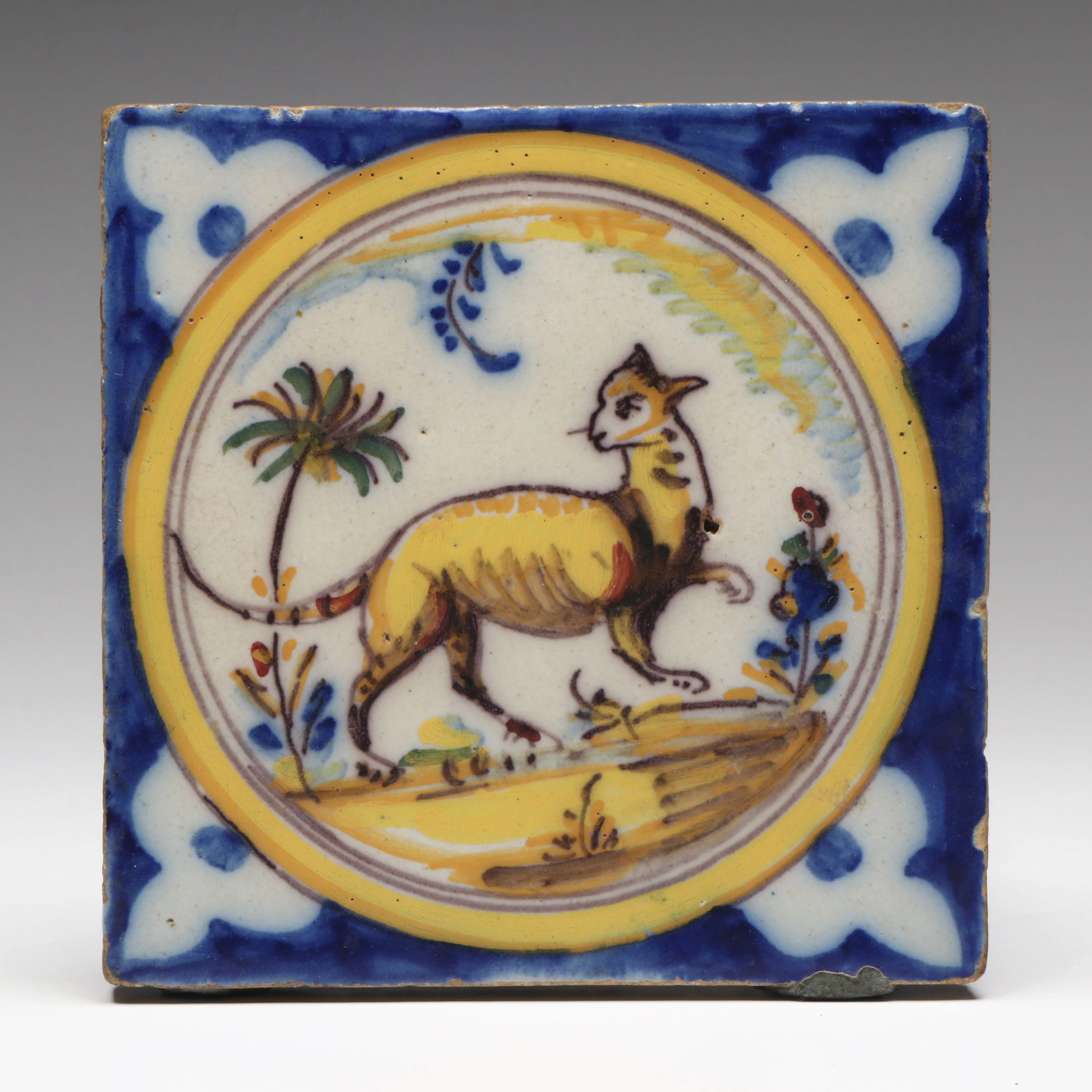 Antique Continental European Polychrome Tin Glazed Tile, 16th/17th Century