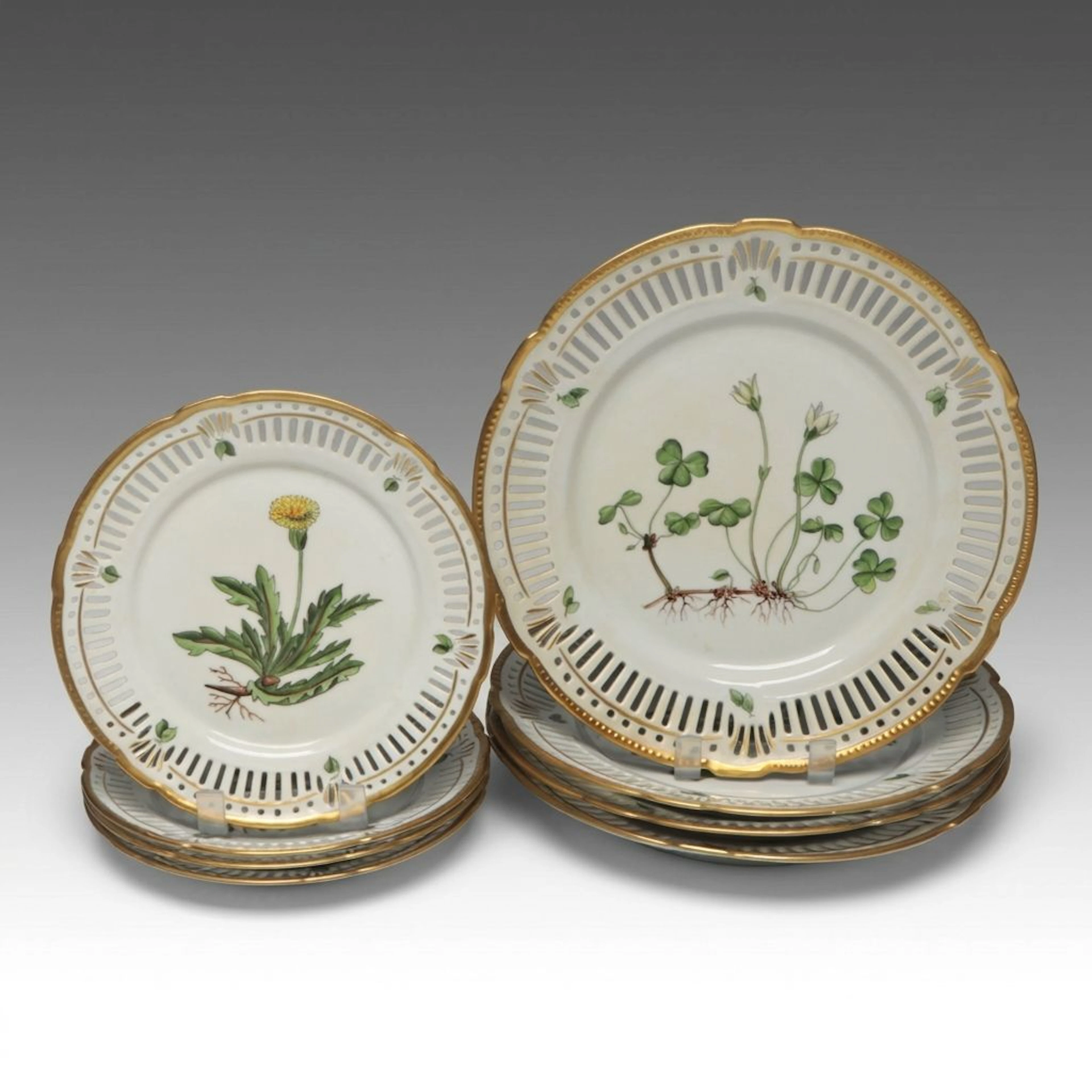 Danish Hand-Painted Pierced Porcelain Dinner and Salad Plates
