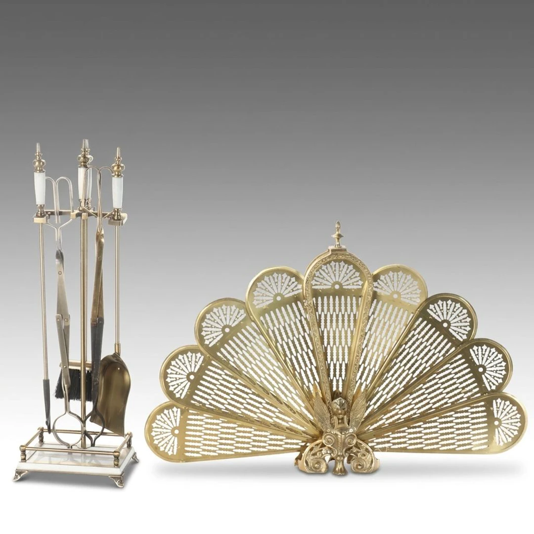 Hollywood Regency Style Fan-Shaped Fireplace Screen and Tools Set