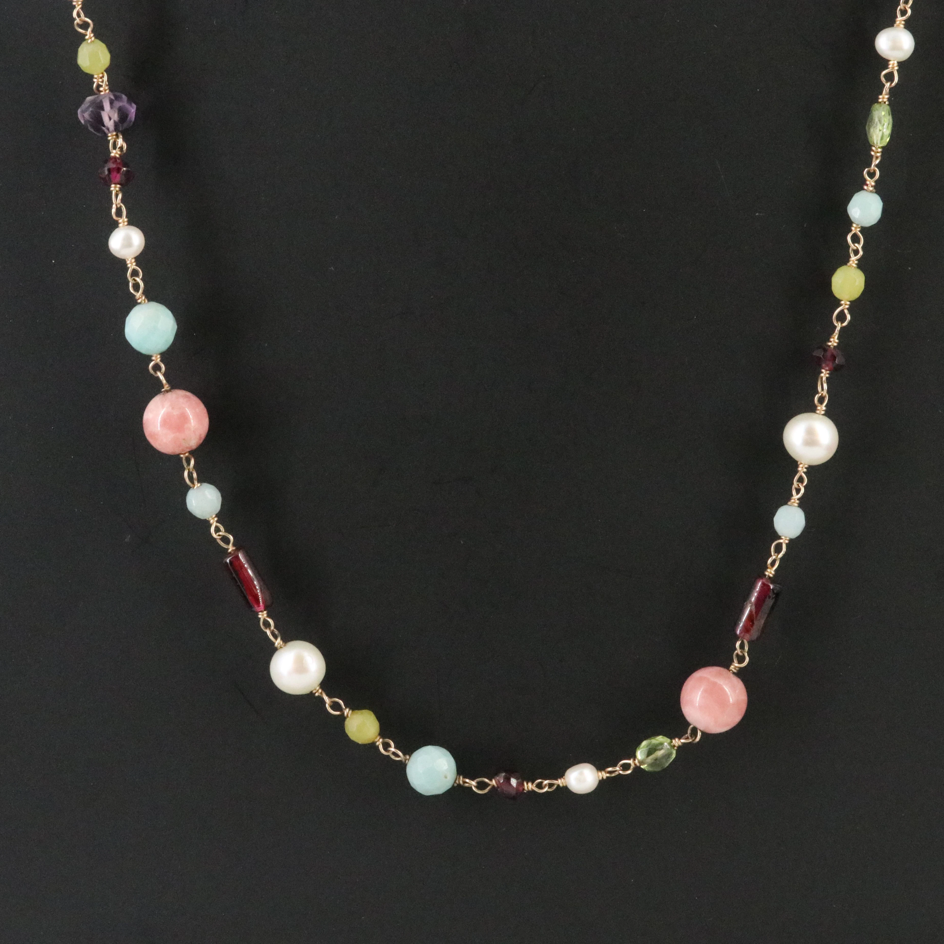 14K Gemstone Necklace Featuring Pearl, Rhodochrosite, and Amethyst
