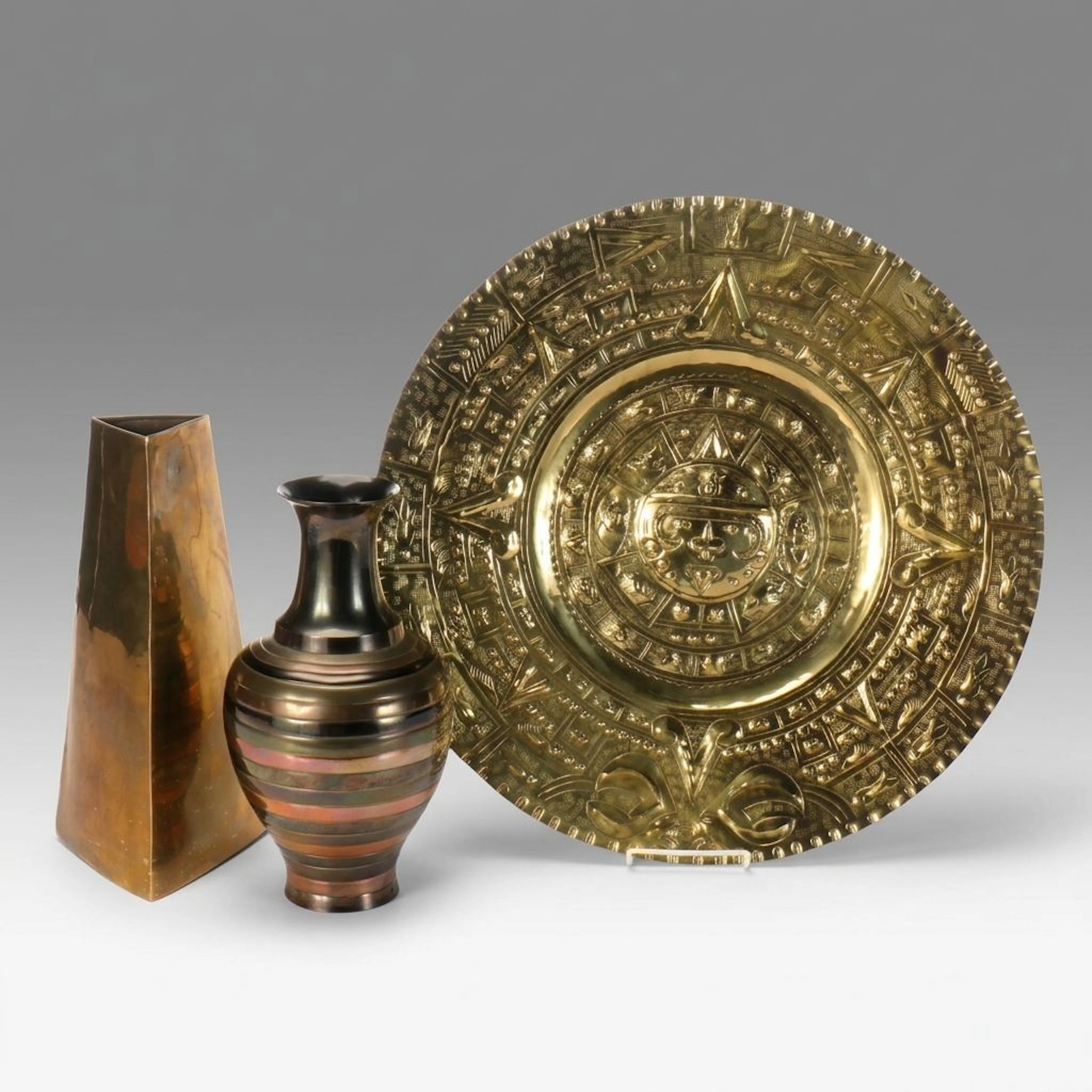 Aztec Style Hammered Brass Wall Plate with Brass Vases