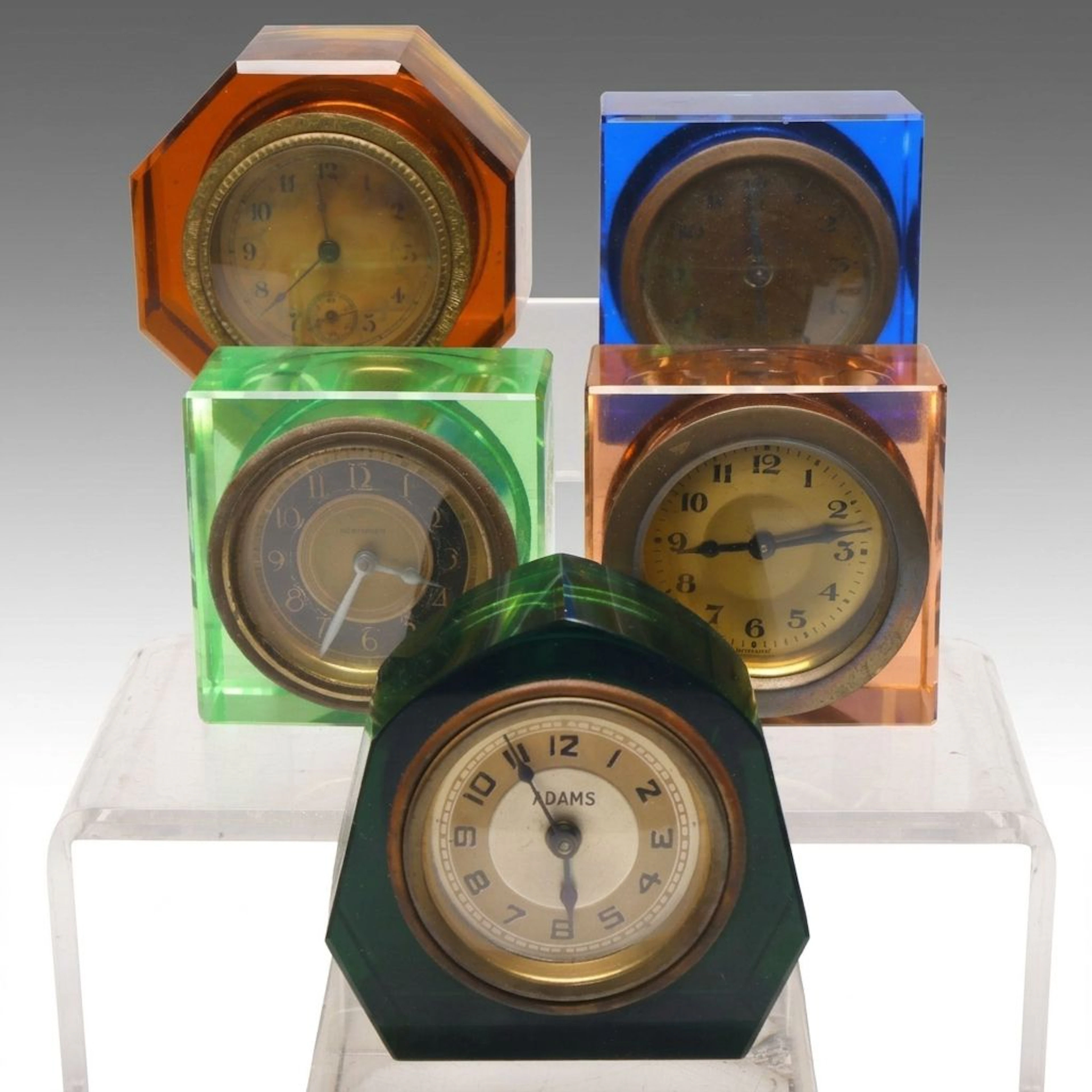 New Haven Uranium Glass and Other Glass Desk Clocks, Early to Mid-20th Century