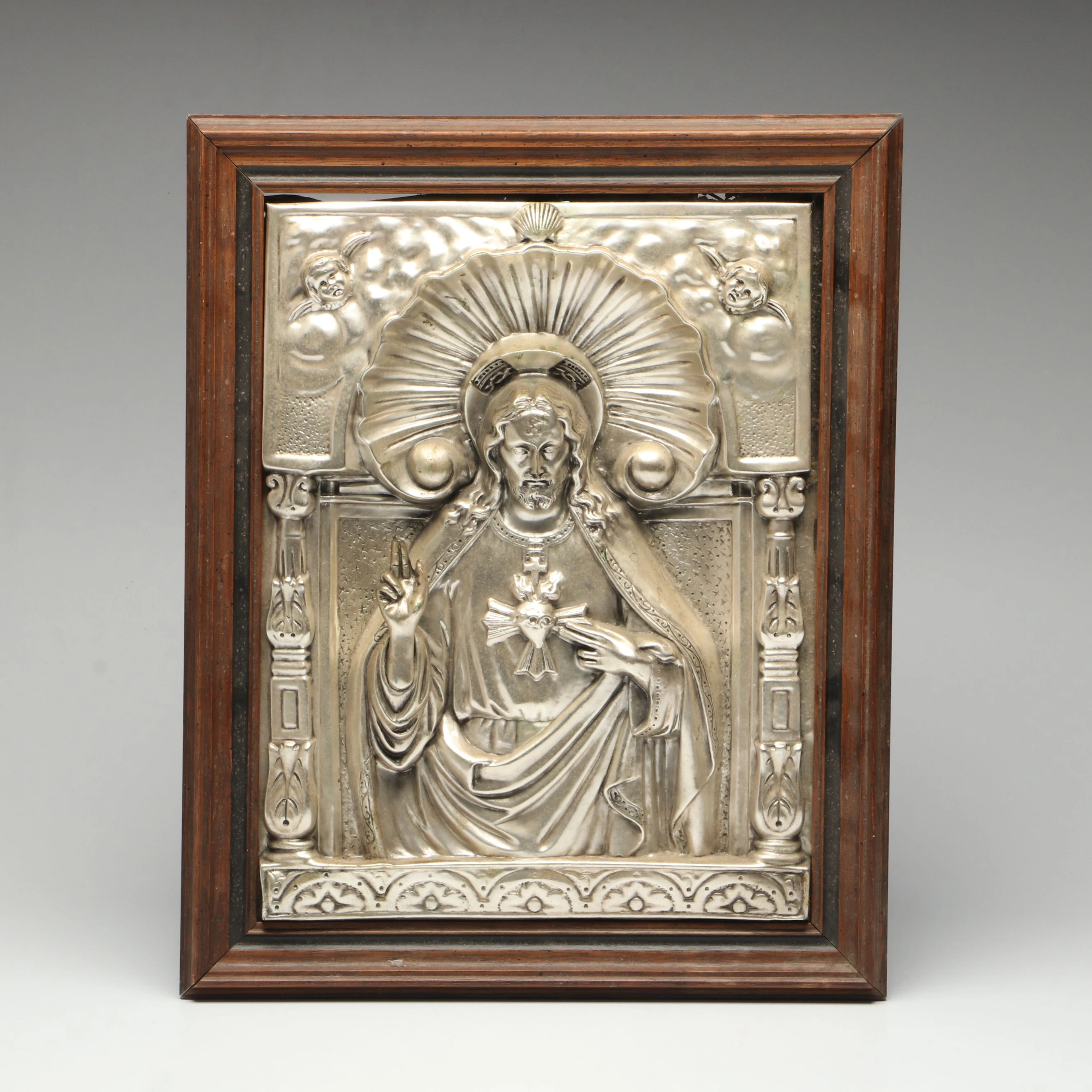 Baroque Style Silver Plate Repoussé Sacred Heart of Jesus Plaque
