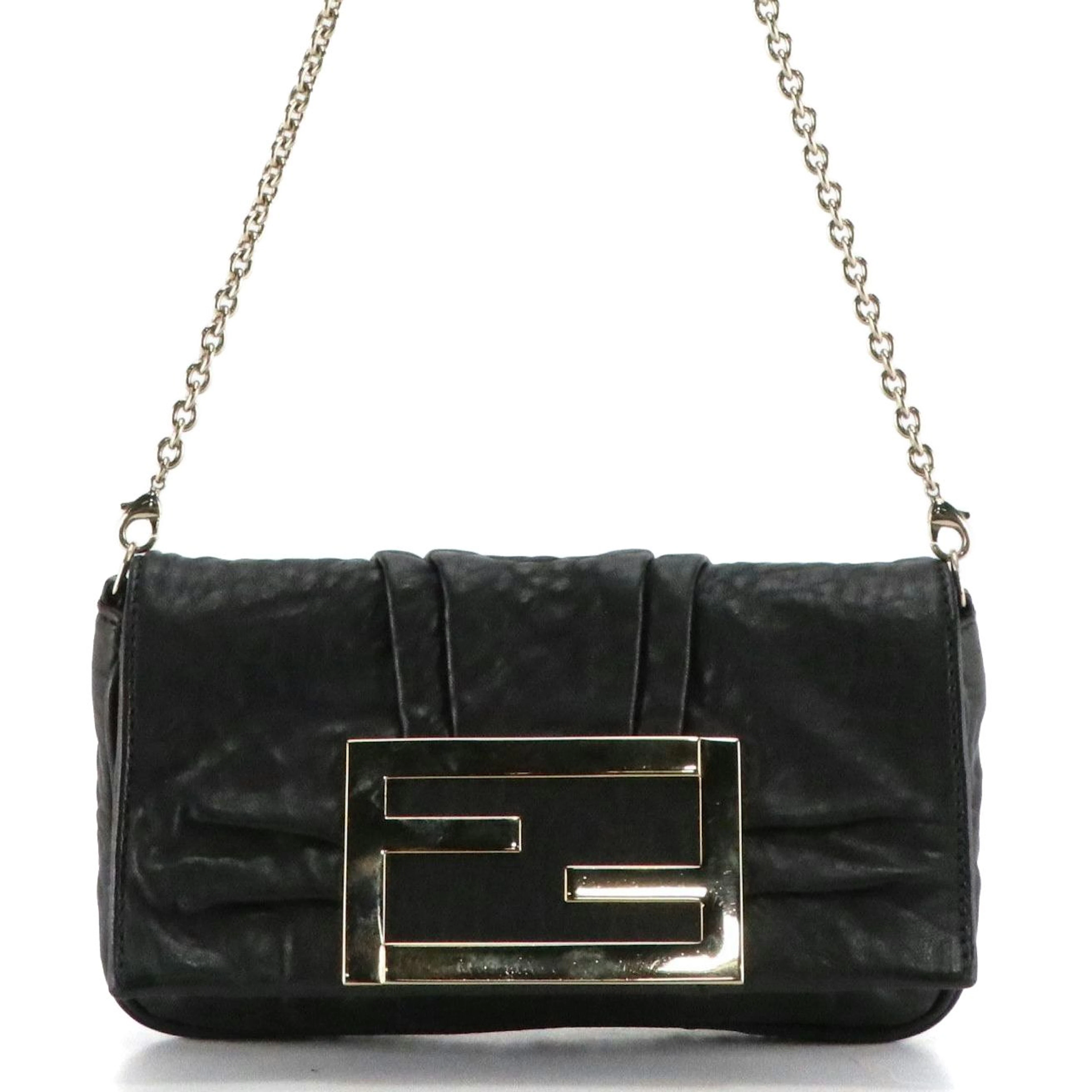 Fendi Mia Baguette Flap Chain Shoulder Bag in Black Crinkled Lambskin Leather